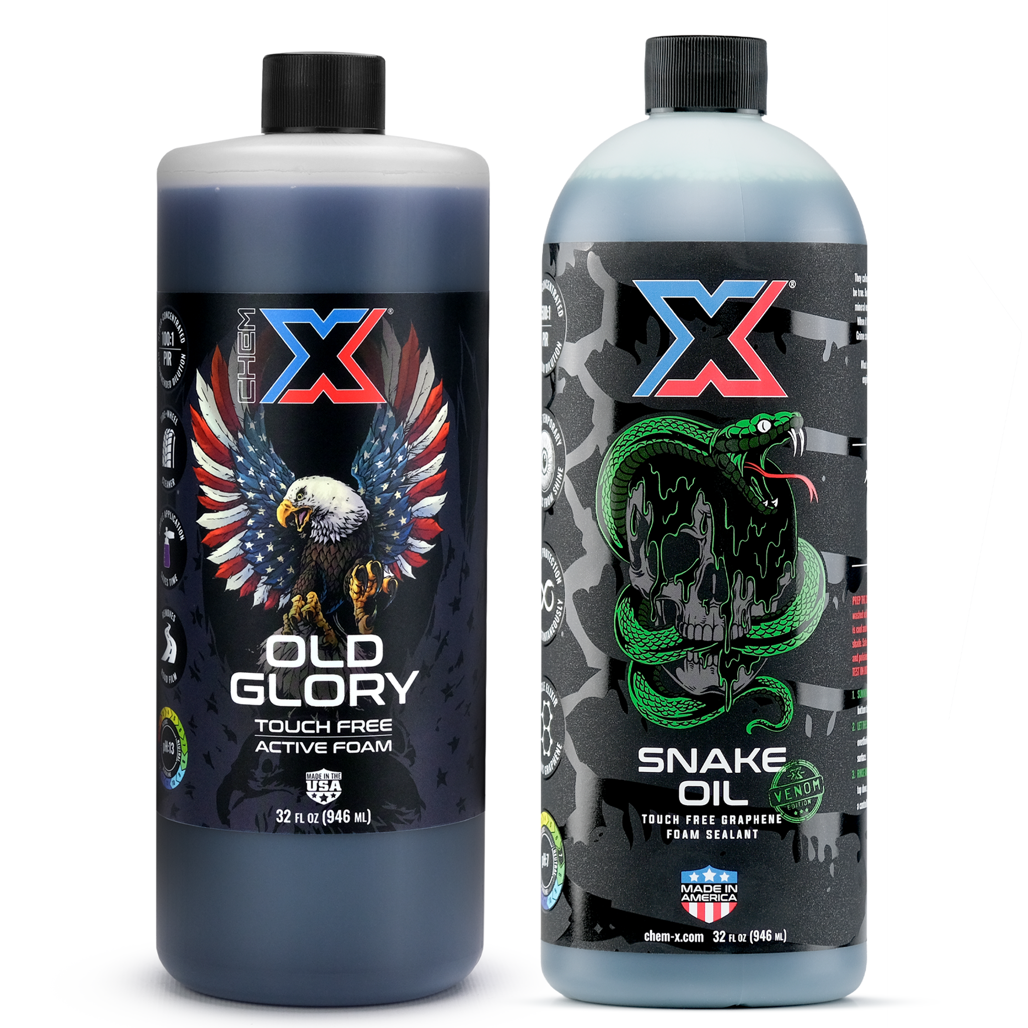 One 32 oz bottle of black touch free active foam vehicle wash called 'Old Glory' next to a 32 oz bottle of green touch free graphene foam sealant called 'Snake Oil' on a white background.