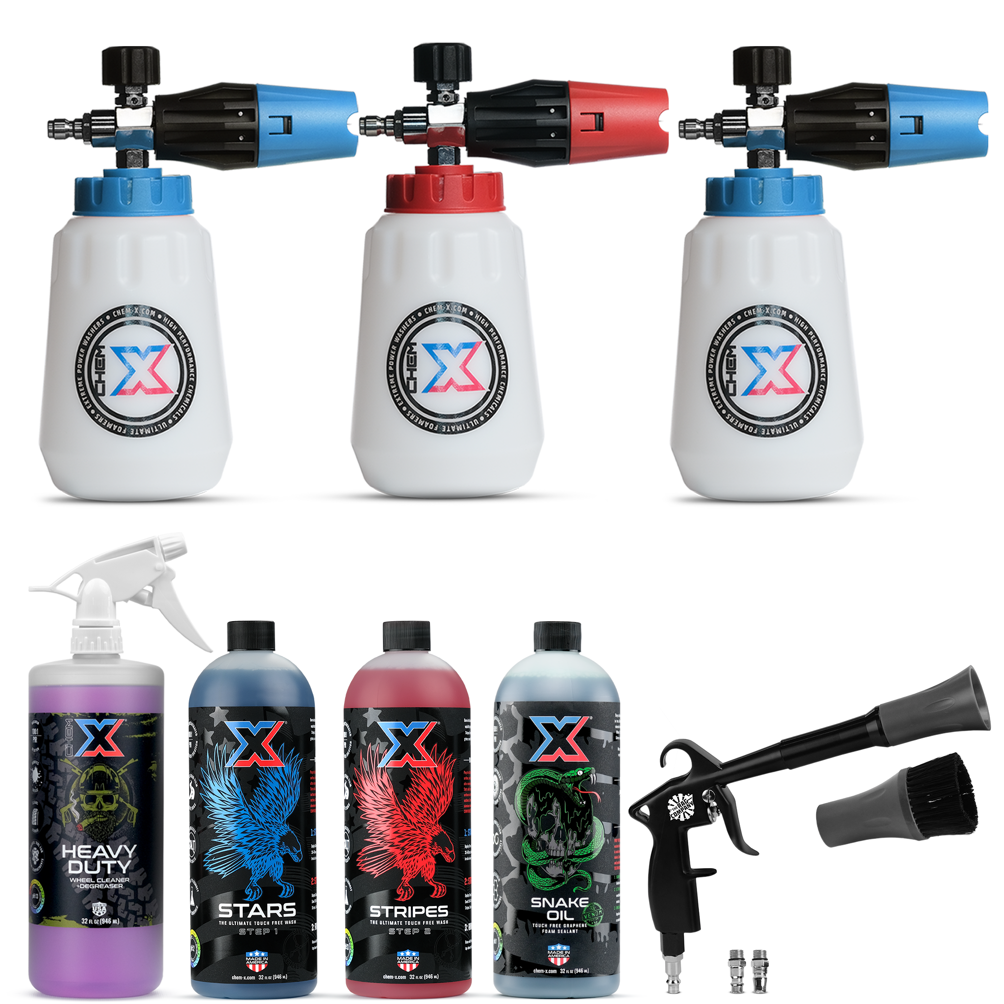 One 32 oz bottle of purple wheel cleaner and degreaser with a white trigger sprayer, one 32 oz bottle of blue touch free wash, one 32 oz bottle of red touch free wash, and one 32 oz bottle of green touch free graphene sealant with three foam cannons and an air blaster on a white background