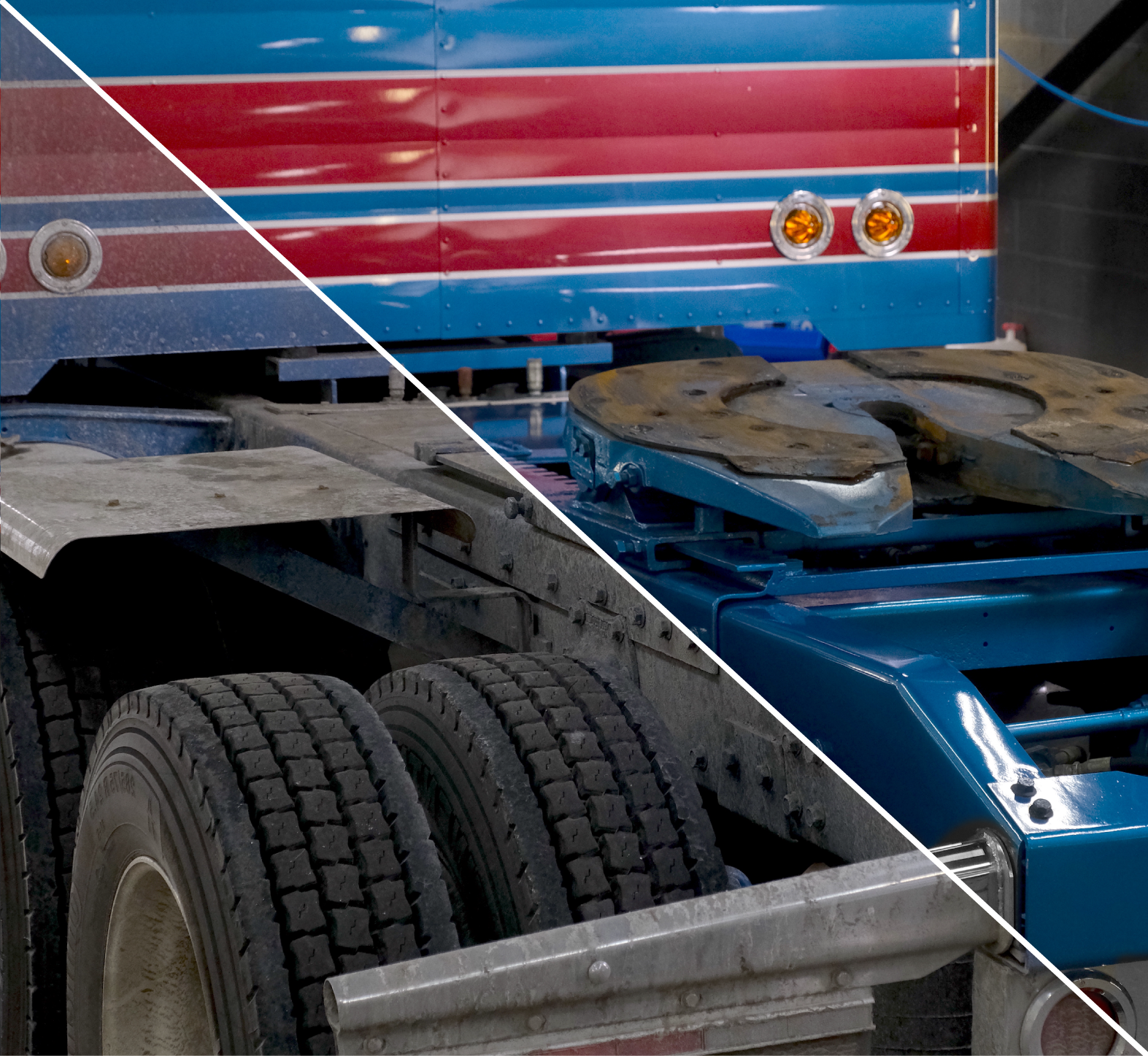 Close-up of a blue and red truck showing the difference between dirty and clean with visible tires and front grille.