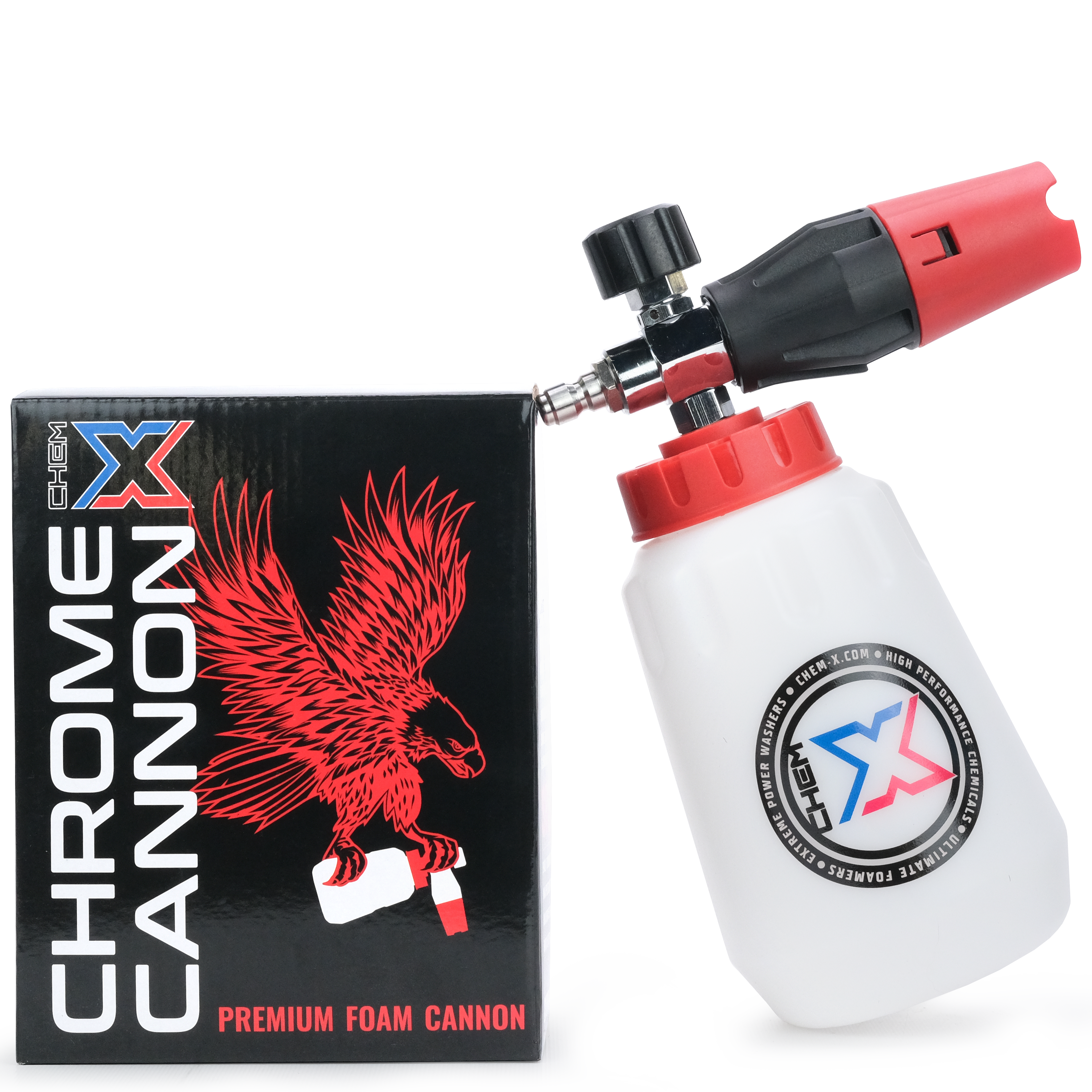 Black box with 'Chrome Cannon' written on it next to a foam cannon with a red top leaning on the box.