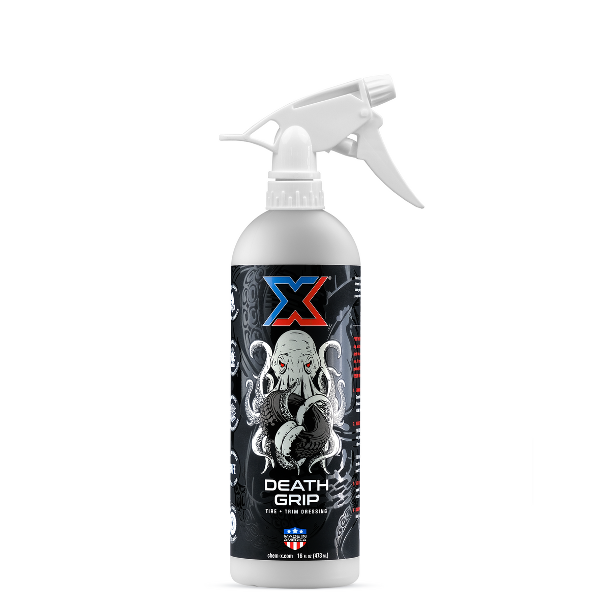 16oz bottle of white tire and trim dressing called Death Grip with a white tolco sprayer head on a white background.