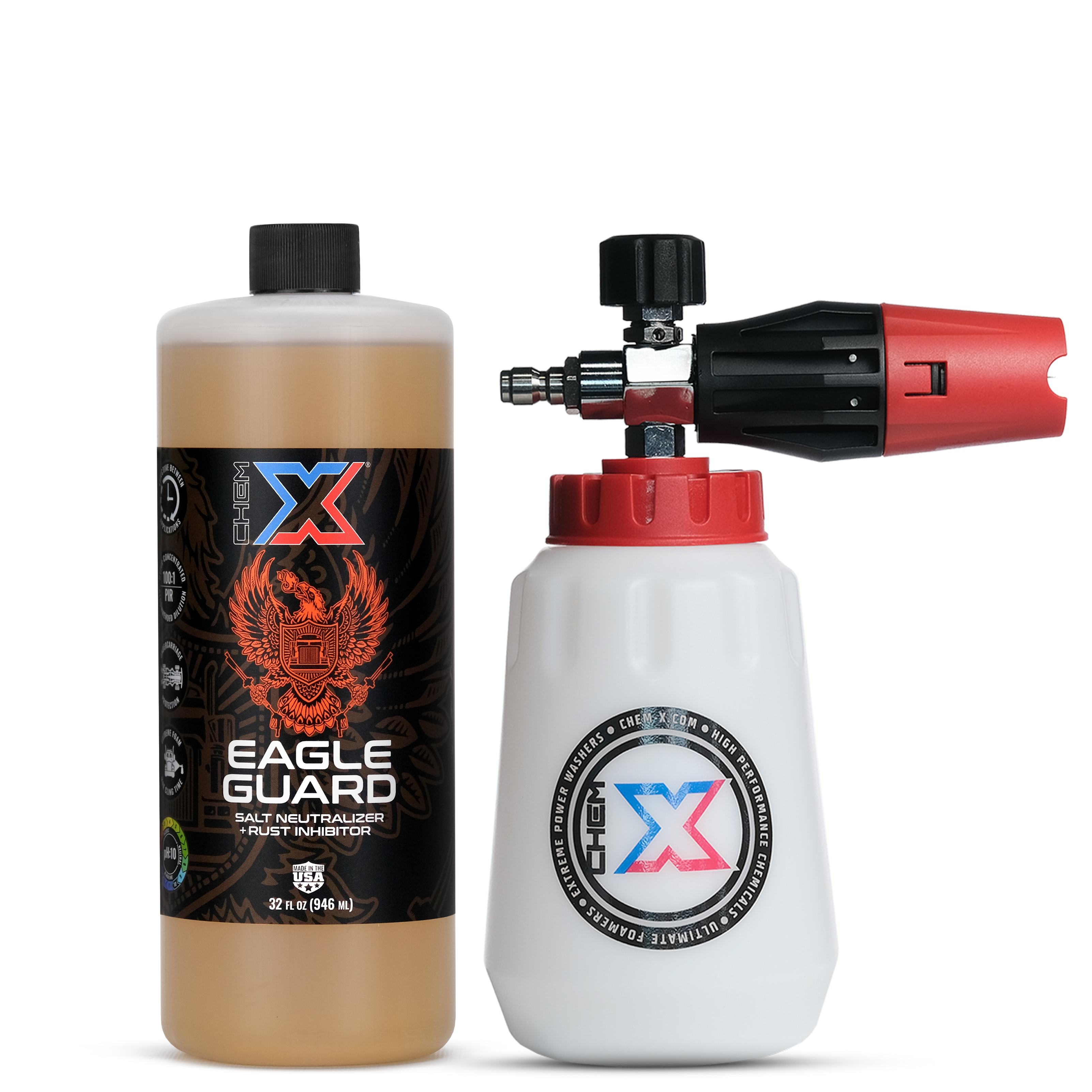 One 32 oz bottle of orange salt neutralizer and rust inhibitor called 'Eagle Guard' next to a foam cannon with a red cap on a white background.