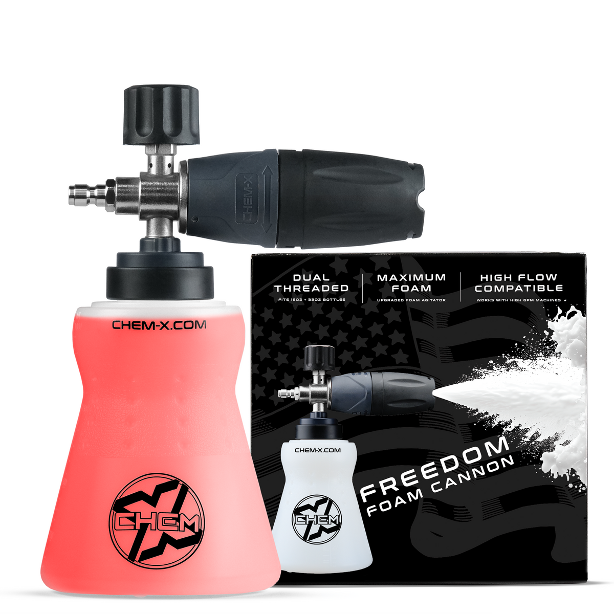 CHEM-X Freedom Foam Cannon with a translucent and black foam bottle, with red liquid in it, adjustable spray nozzle, and its retail packaging box on a white background.