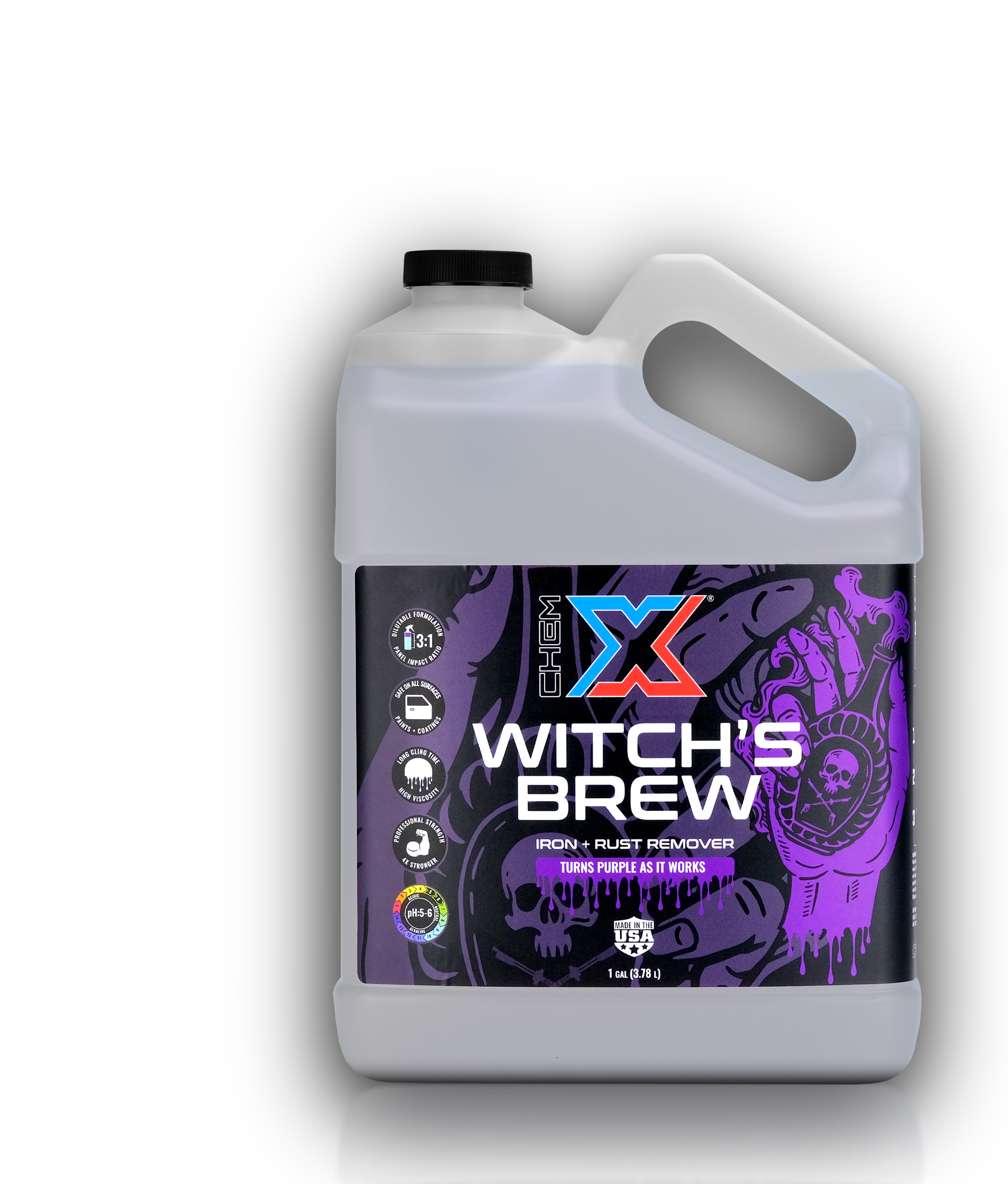 A 1-gallon plastic jug of X-1000 Witch's Brew Iron and Rust Remover, featuring a black and purple label with a skull graphic, on a white background with a soft shadow.