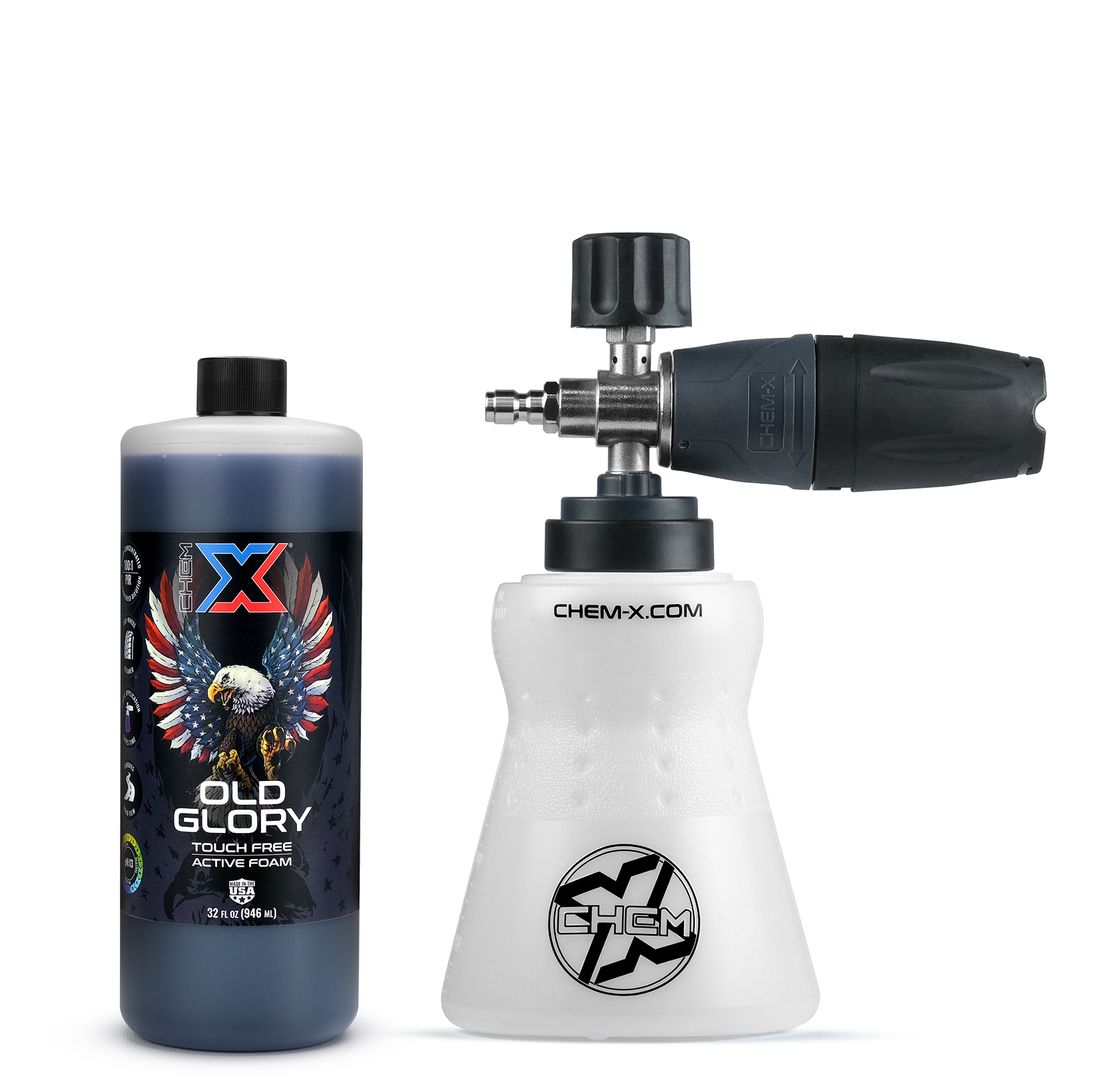A 32 oz bottle of black one step touch free active foam vehicle wash called Old Glory with Chem-X branding next to a white foam cannon that has Chem-X branding with a black and gray nozzle cap on a white background.