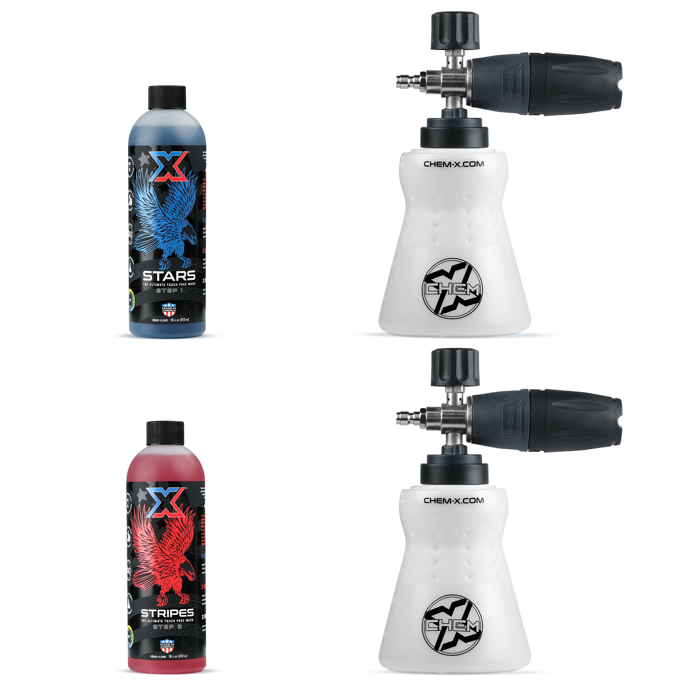 16 oz bottle of blue "Ultimate Touch Free Wash Step 1" called Stars with Chem-X branding above a 16 oz bottle of red "Ultimate Touch Free Wash Step 2" called Stripes with Chem-X branding next to two white foam cannons with a black and gray nozzle and black Chem-X branding in front of a white background.