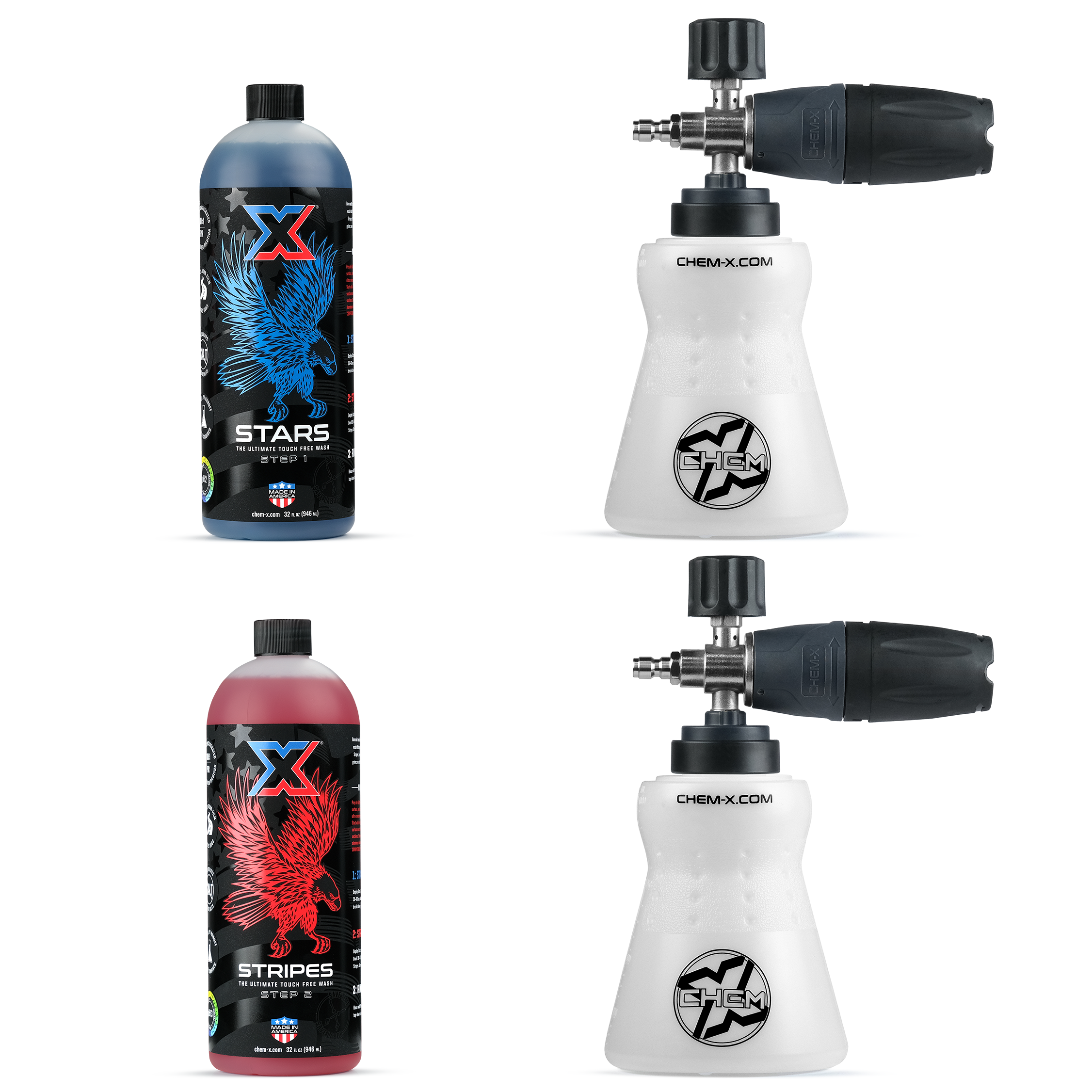 32 oz bottle of blue "Ultimate Touch Free Wash Step 1" called Stars with Chem-X branding above a 32 oz bottle of red "Ultimate Touch Free Wash Step 2" called Stripes with Chem-X branding next to two white foam cannons with a black and gray nozzle and black Chem-X branding on a white background.