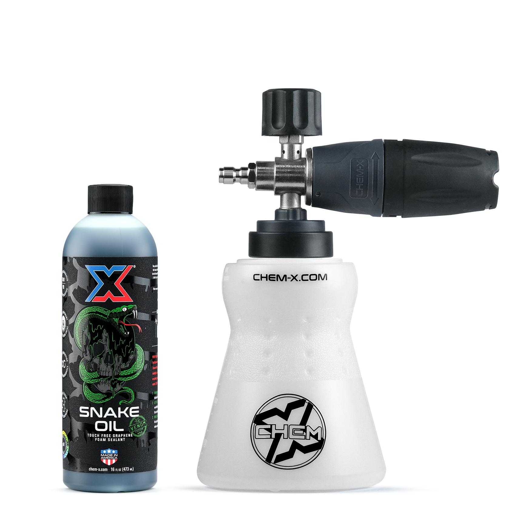 16 oz bottle of dark green touch free graphene foam sealant called Snake Oil Venom witch Chem-X branding next to a white foam cannon with Chem-X branding and a black and gray nozzle cap in front of a white background.