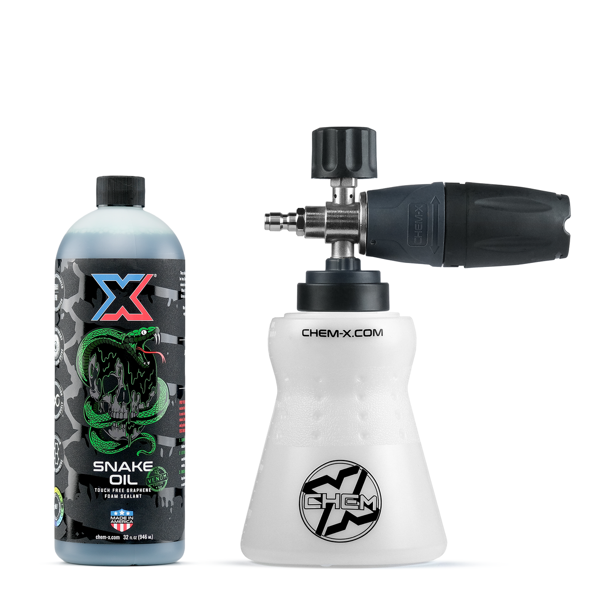 32 oz bottle of dark green touch free graphene foam sealant called Snake Oil Venom witch Chem-X branding next to a white foam cannon with Chem-X branding and a black and gray nozzle cap on a white background.