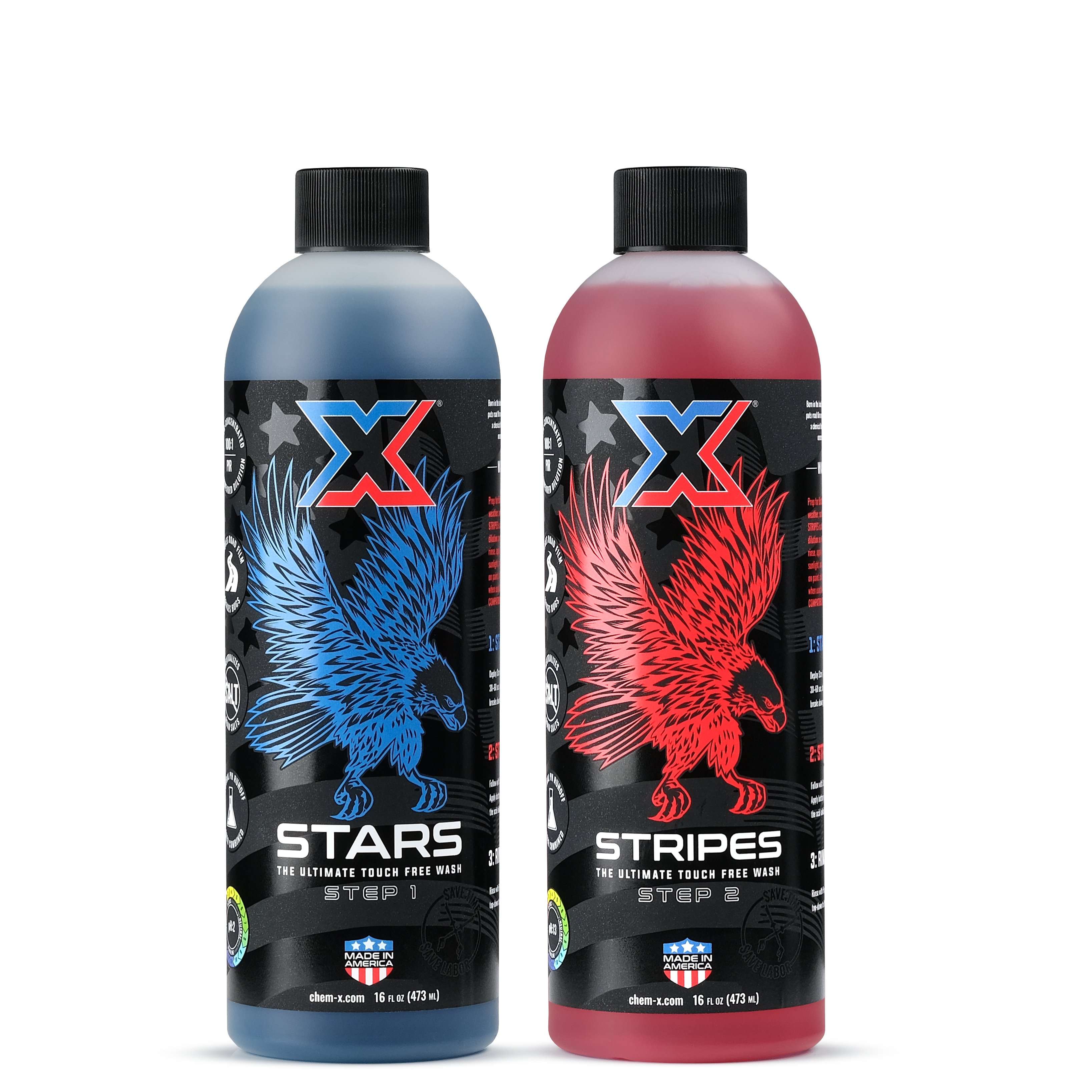 One 16 oz bottle of blue liquid called 'Stars' and one 16oz bottle of red liquid called 'Stripes,' a two step touch-free vehicle wash, both with an eagle design sitting on a white background.