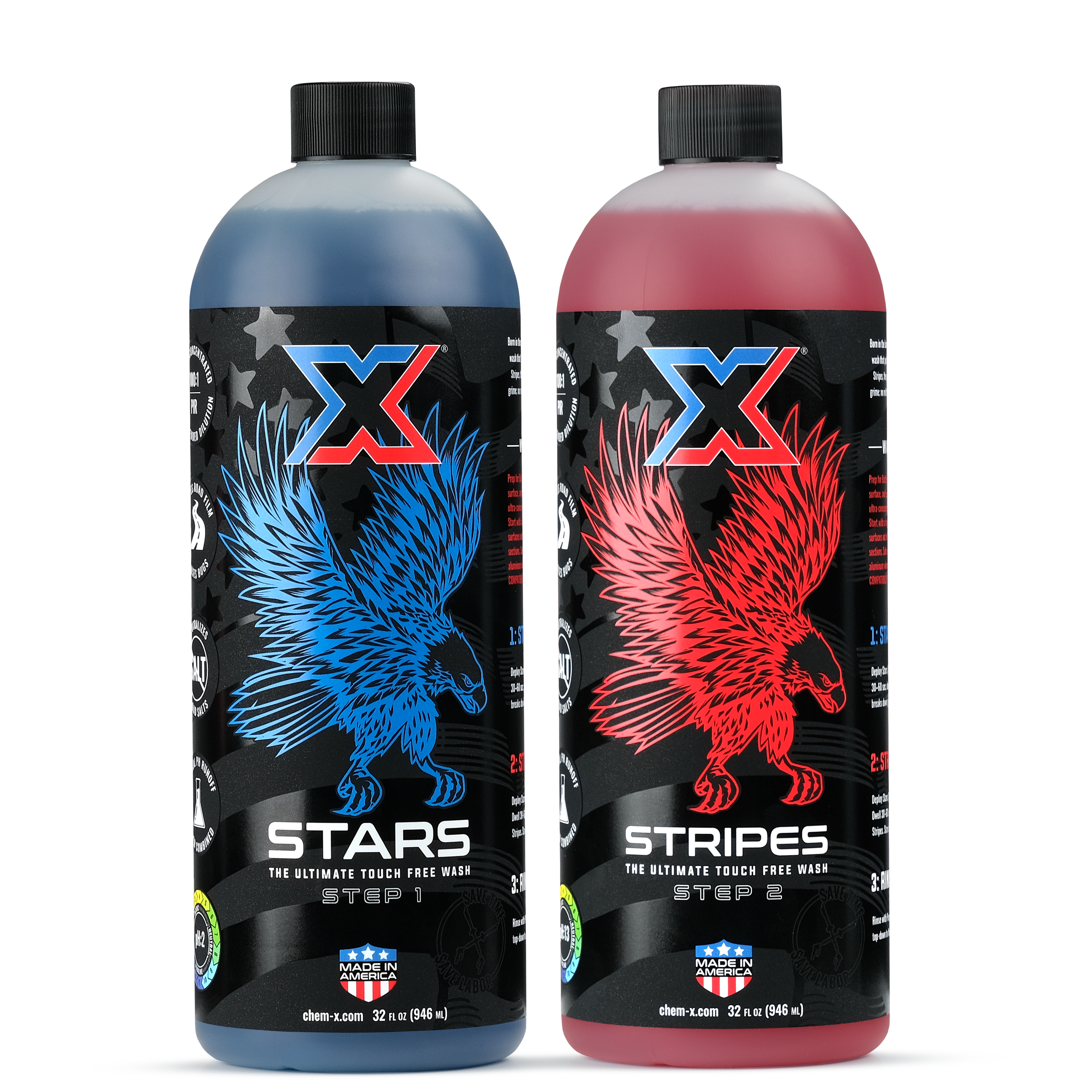 Two step touch-free vehicle wash system. One 32 oz bottle of blue liquid called 'Stars' and one 32 oz bottle of red liquid called 'Stripes', with labels featuring a logo and text on a white background.