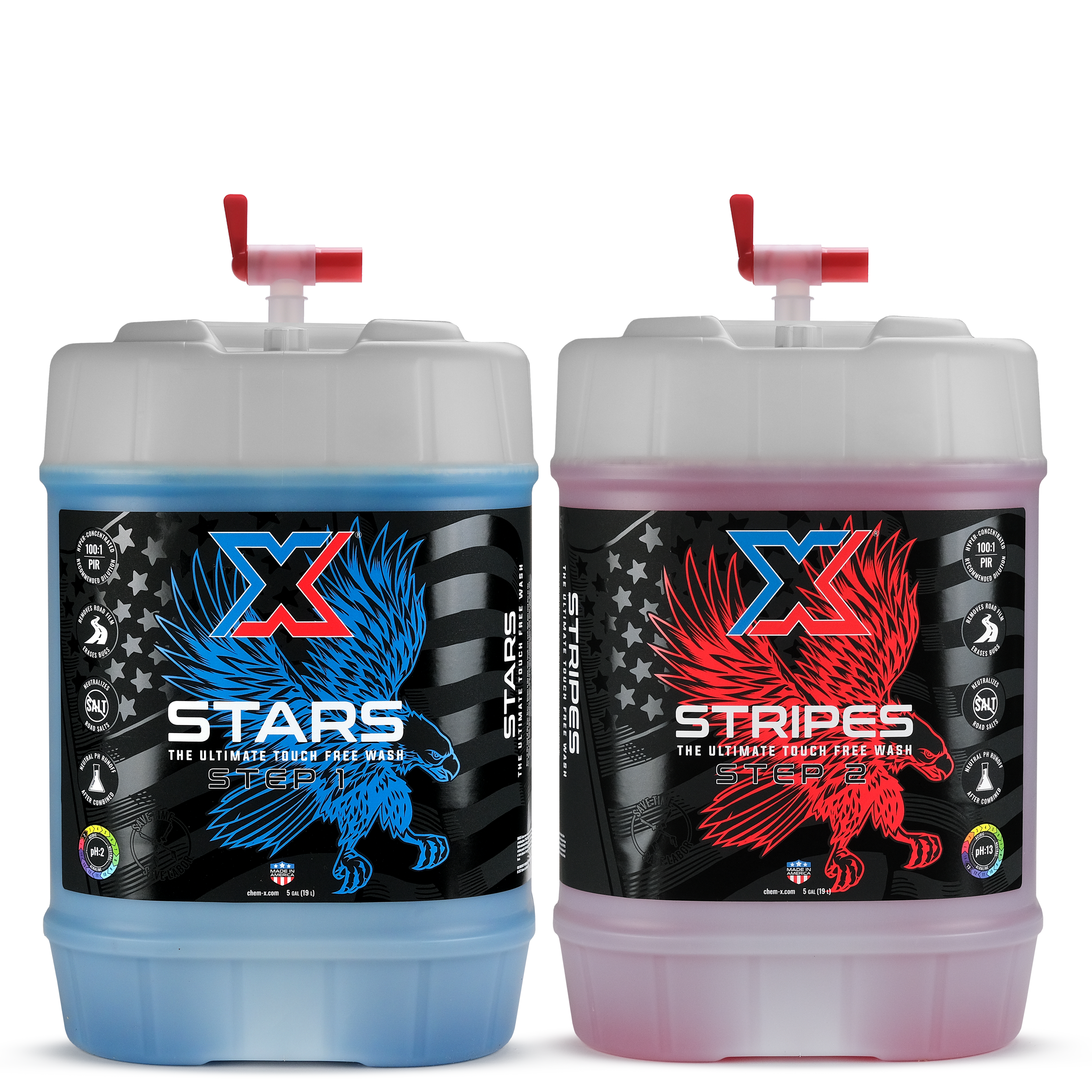 Two 5 gallon containers of touch-free two step vehicle wash products, featuring a label with logo and text on a white background.