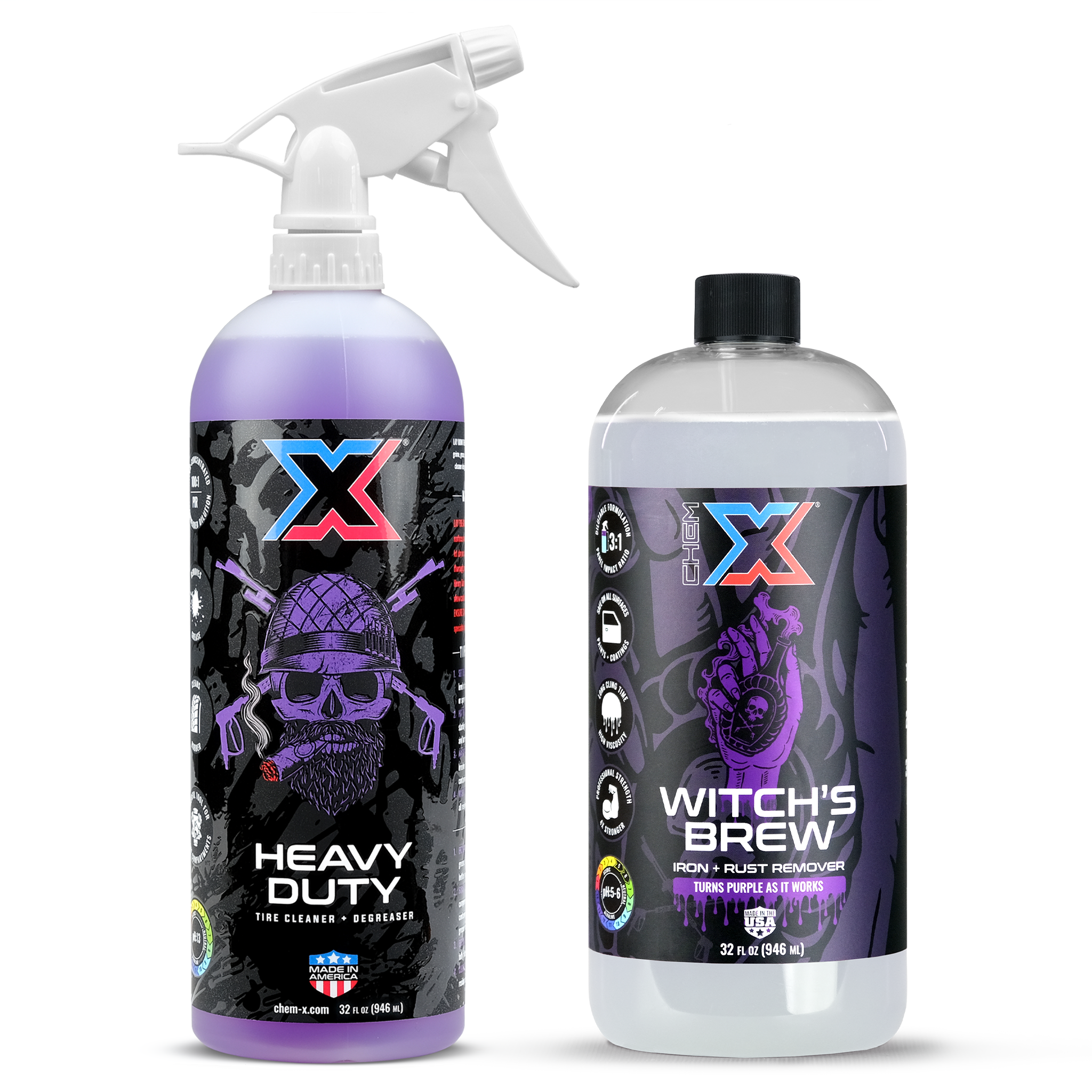 A 32oz bottle of purple tire cleaner and degreaser with a white tolco sprayer top called Heavy Duty and a 32oz bottle of clear iron and rust remover called Witch's Brew on a white background.