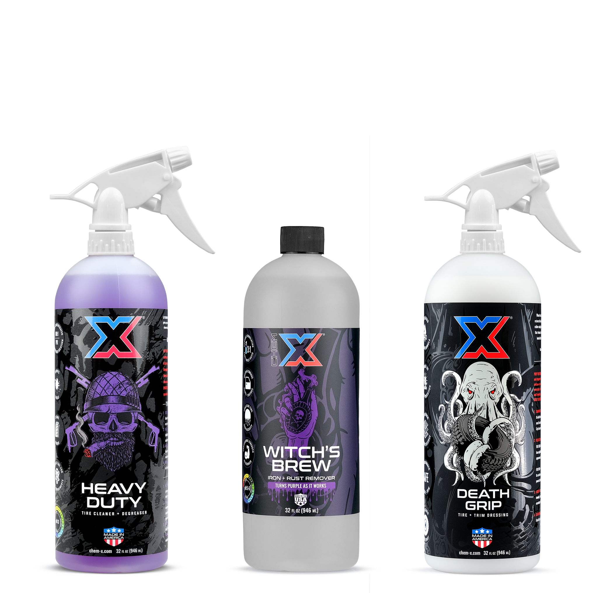 Three Chem-X bottles shown on a plain white background: Heavy Duty tire cleaner and degreaser with purple liquid and a white tolco sprayer, Witch's Brew iron and rust remover has a frosted bottle with black cap, and Death Grip tire and trim dressing with white liquid and a white tolco sprayer.