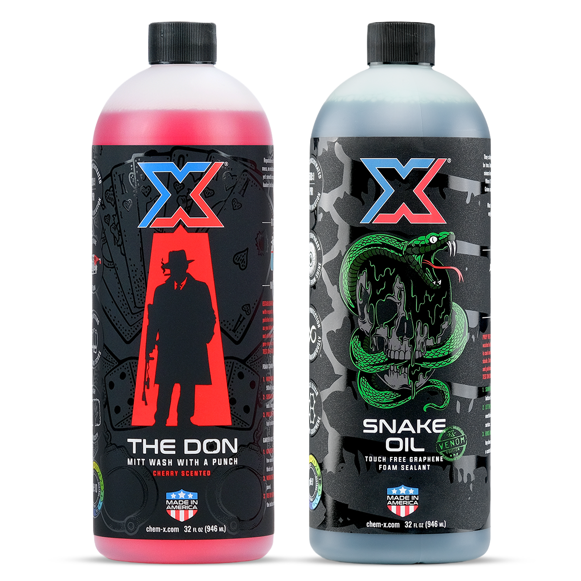 One 32 oz bottle of red mitt wash called 'The Don' and one 32 oz bottle of green touch free graphene sealant called 'Snake Oil' in front of a white background.