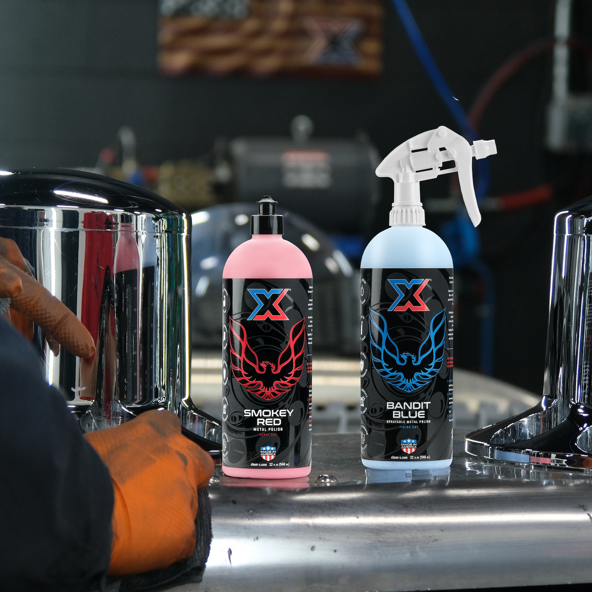 Smokey Red Metal Polish and Bandit Blue Metal Polish pictured next to each other on truck next to polished aluminum 