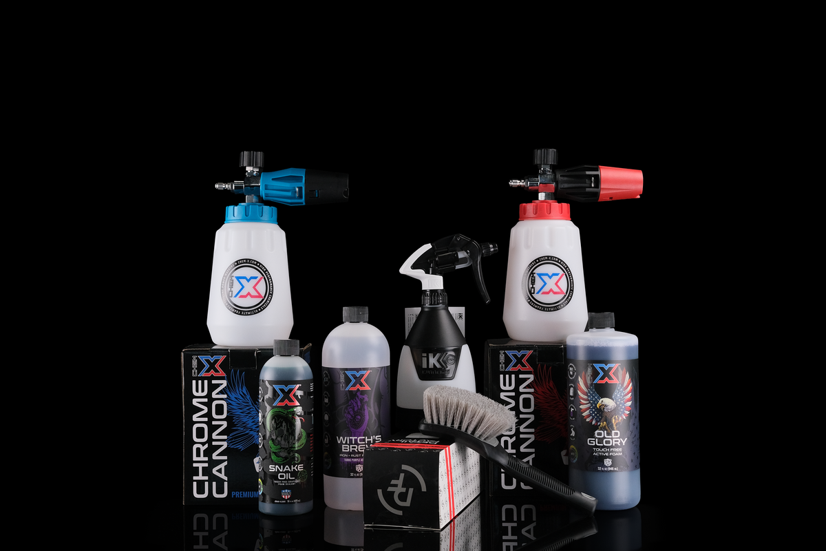 Snake Oil Venom 16oz, Witch's Brew 32oz, Old Glory 32oz, Blue Foam Cannon, Red Foam Cannon, iK Multi TR 360 Mini, and Large Tire Scrub Brush
