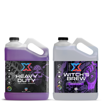 A gallon bottle of purple tire cleaner and degreaser called Heavy Duty and a gallon bottle of clear iron and rust remover called Witch's Brew on a white background.
