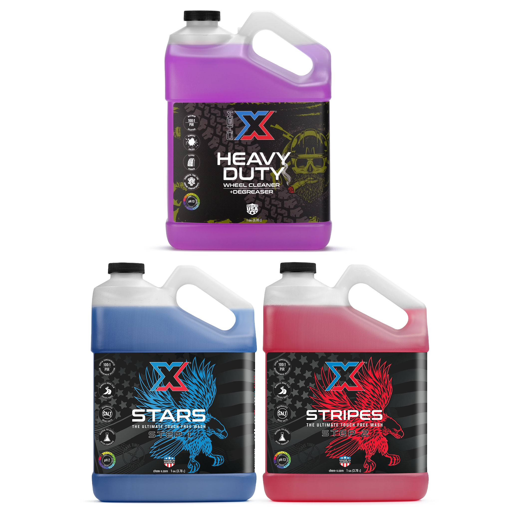 One gallon of purple wheel cleaner and degreaser called 'Heavy Duty,' one gallon of blue touch free soap called 'Stars,' and one gallon of red touch free soap called 'Stripes' on a white background
