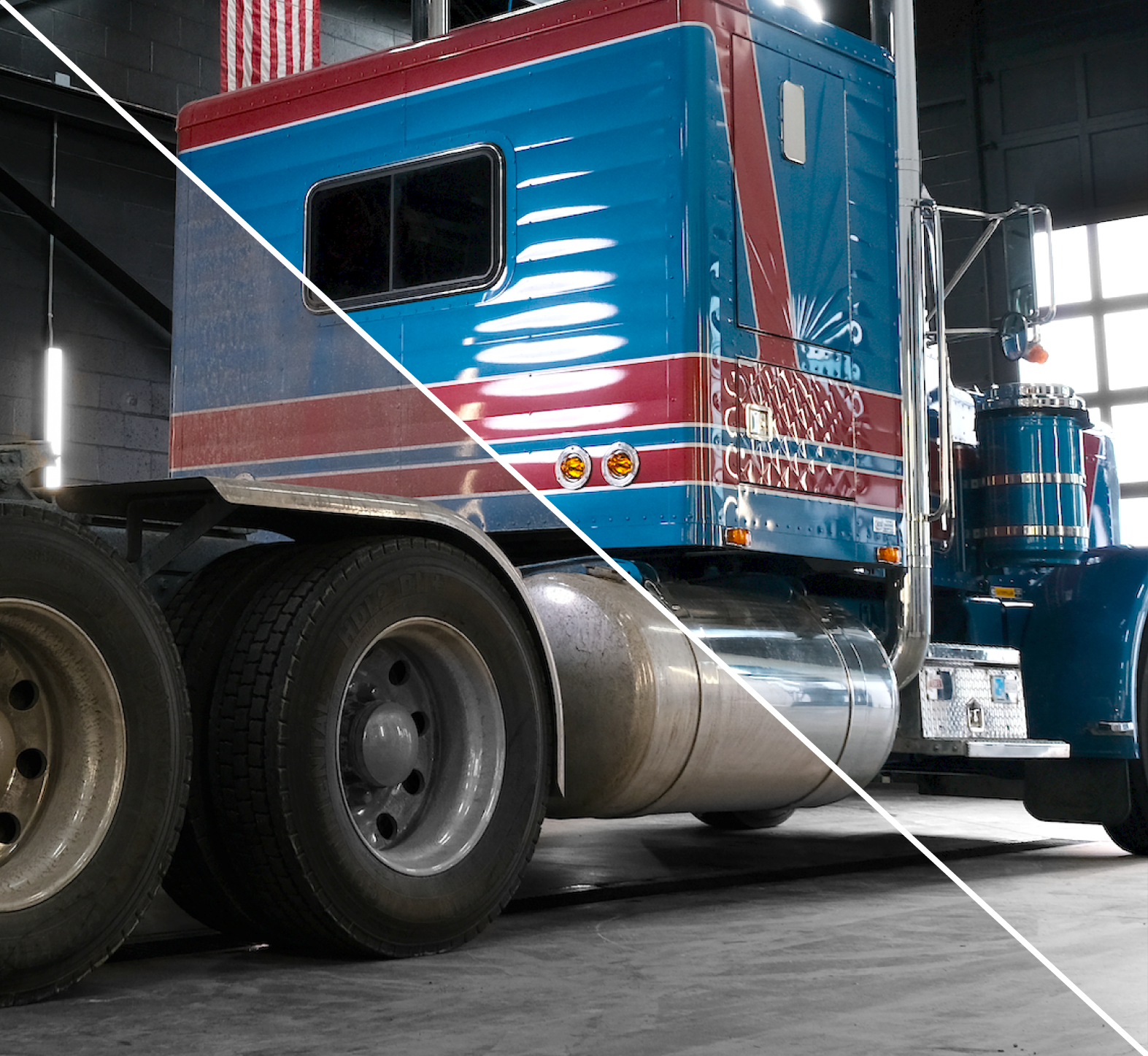 Blue and red semi-truck in wash bay setting showing before and after washing progress.