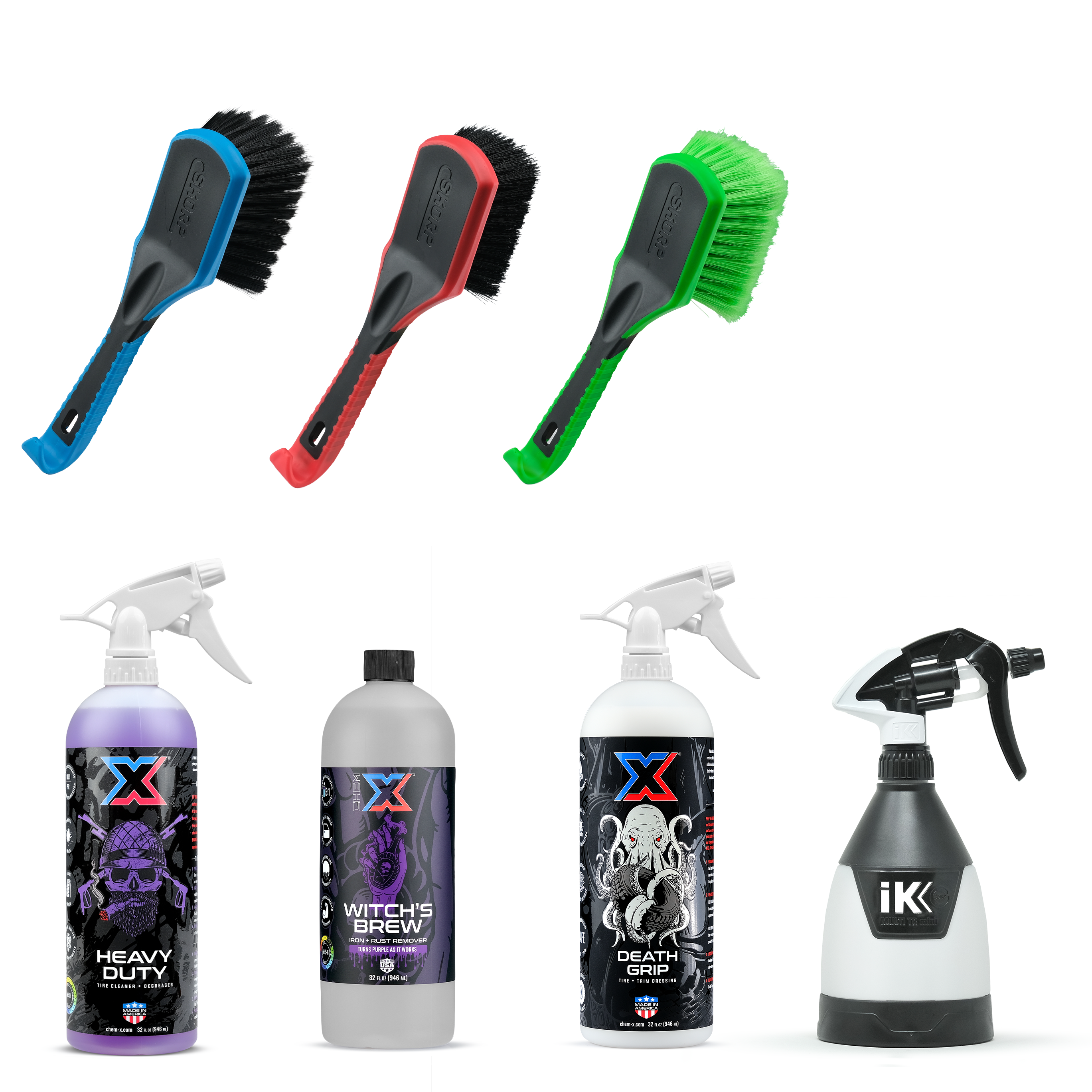 A set of cleaning brushes and spray bottles on a white background. The set includes three scrubbing brushes in blue, red, and green, three 32oz bottles, two with white tolco sprayers, labeled Heavy Duty, Witch's Brew, and Death Grip, and one gray and black spray bottle with a white iK logo.