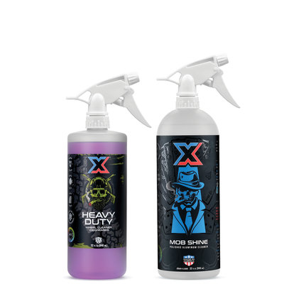 One 32 oz bottle of purple wheel cleaner and degreaser called 'Heavy Duty' next to one 32 oz bottle of clear polished aluminum cleaner called 'Mob Shine' on a white background.