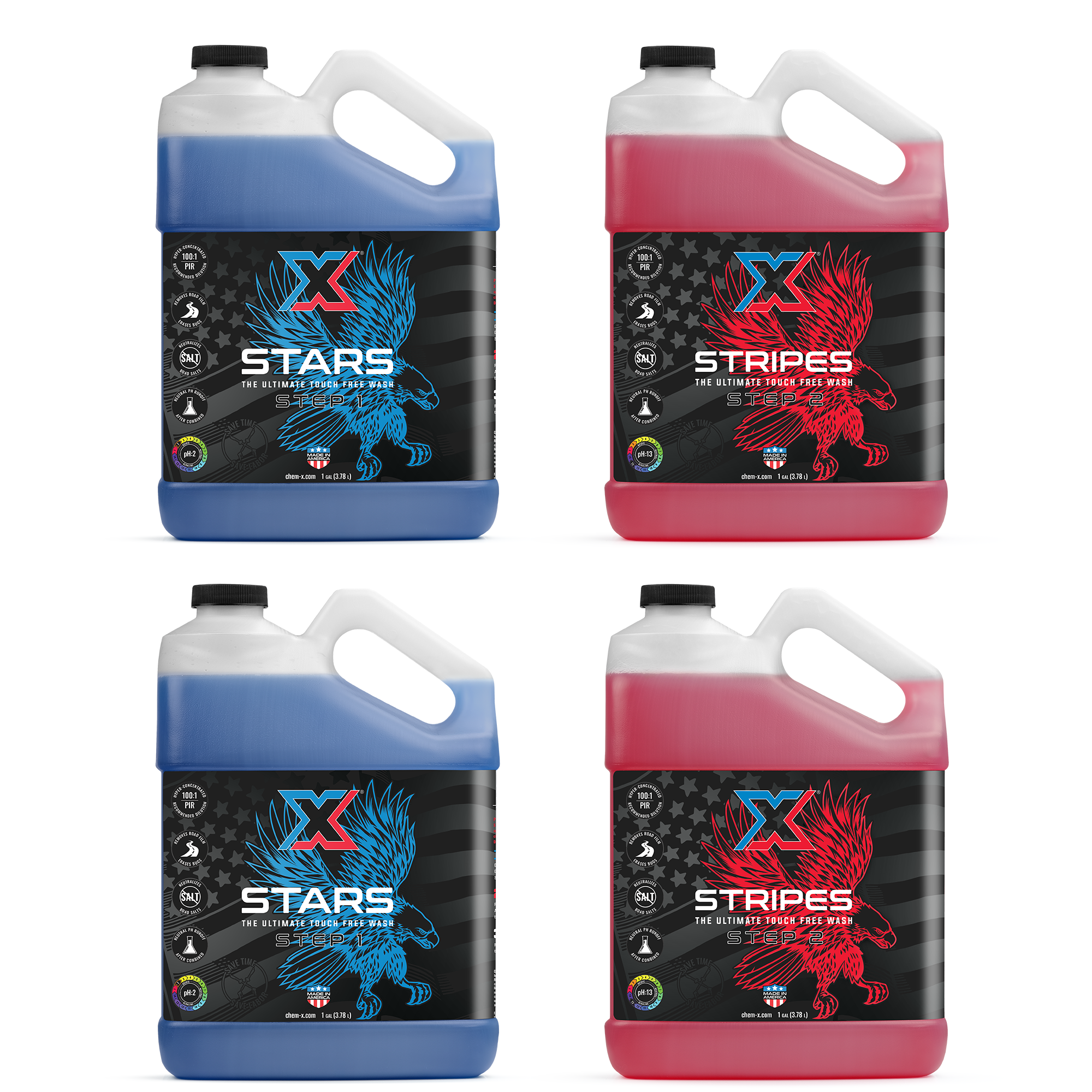 Two gallons of blue touch free soap called 'Stars' and two gallons of red touch free soap called 'Stripes' on a white background.