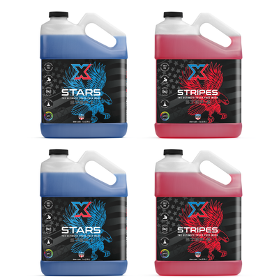 Two gallons of blue touch free soap called 'Stars' and two gallons of red touch free soap called 'Stripes' on a white background.