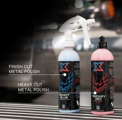 Smokey Red and Bandit Blue: Heavy Cut and Finish Cut Sprayable Metal Polish With 1.1cc Trigger Sprayer