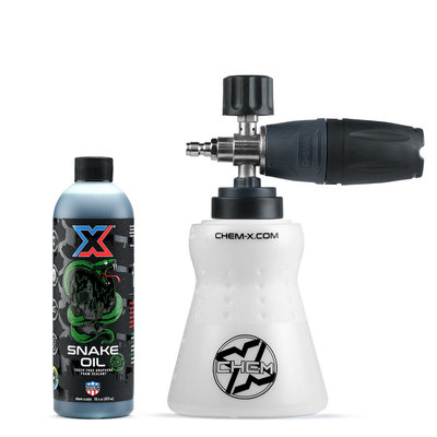 16 oz bottle of dark green touch free graphene foam sealant called Snake Oil Venom witch Chem-X branding next to a white foam cannon with Chem-X branding and a black and gray nozzle cap in front of a white background.