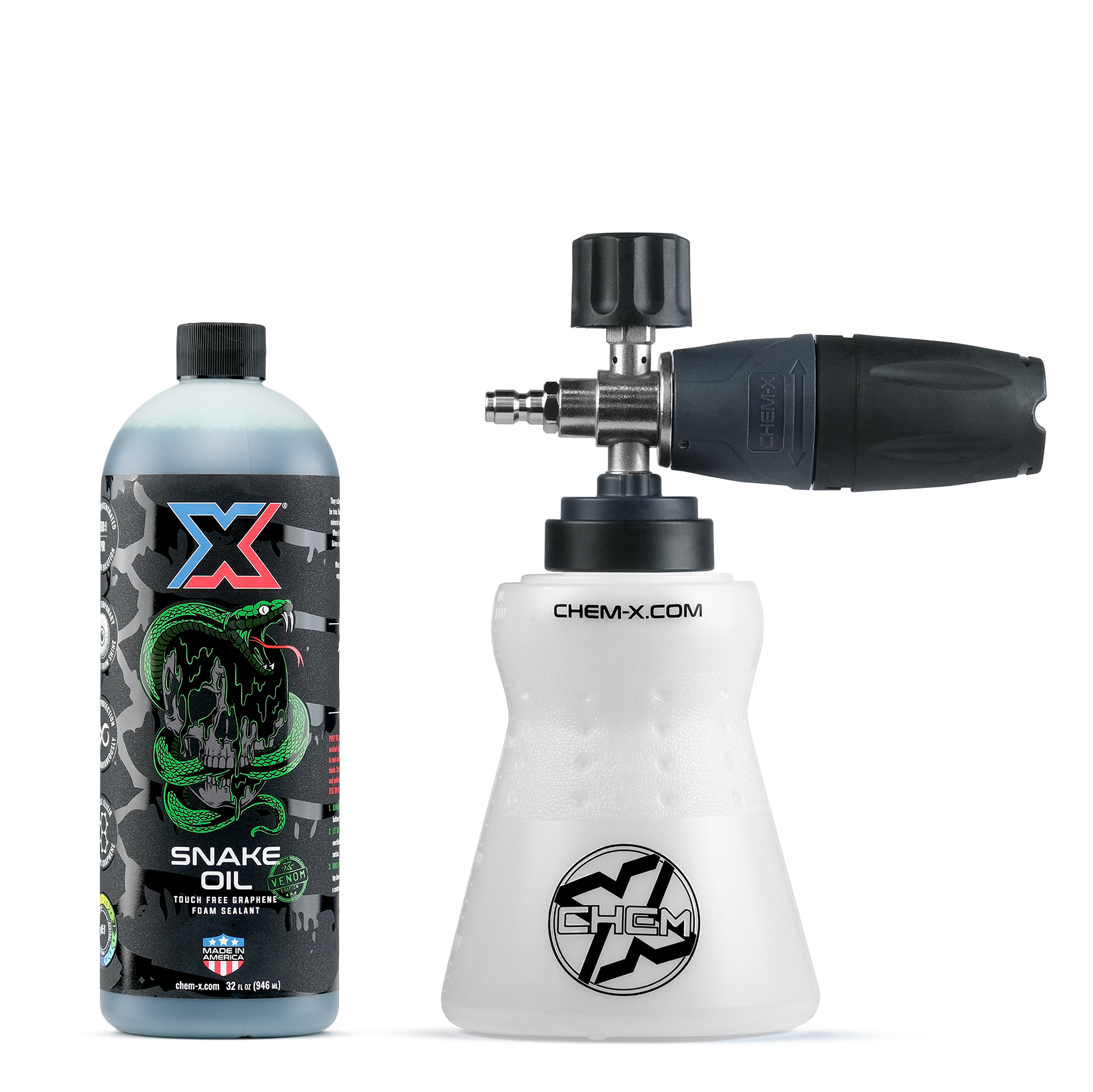 32 oz bottle of dark green touch free graphene foam sealant called Snake Oil Venom witch Chem-X branding next to a white foam cannon with Chem-X branding and a black and gray nozzle cap on a white background.