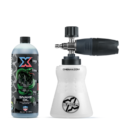 32 oz bottle of dark green touch free graphene foam sealant called Snake Oil Venom witch Chem-X branding next to a white foam cannon with Chem-X branding and a black and gray nozzle cap on a white background.