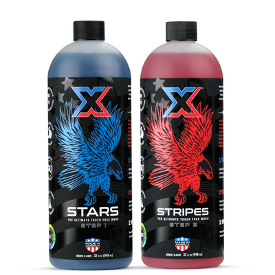 Two step touch-free vehicle wash system. One 32 oz bottle of blue liquid called 'Stars' and one 32 oz bottle of red liquid called 'Stripes', with labels featuring a logo and text on a white background.
