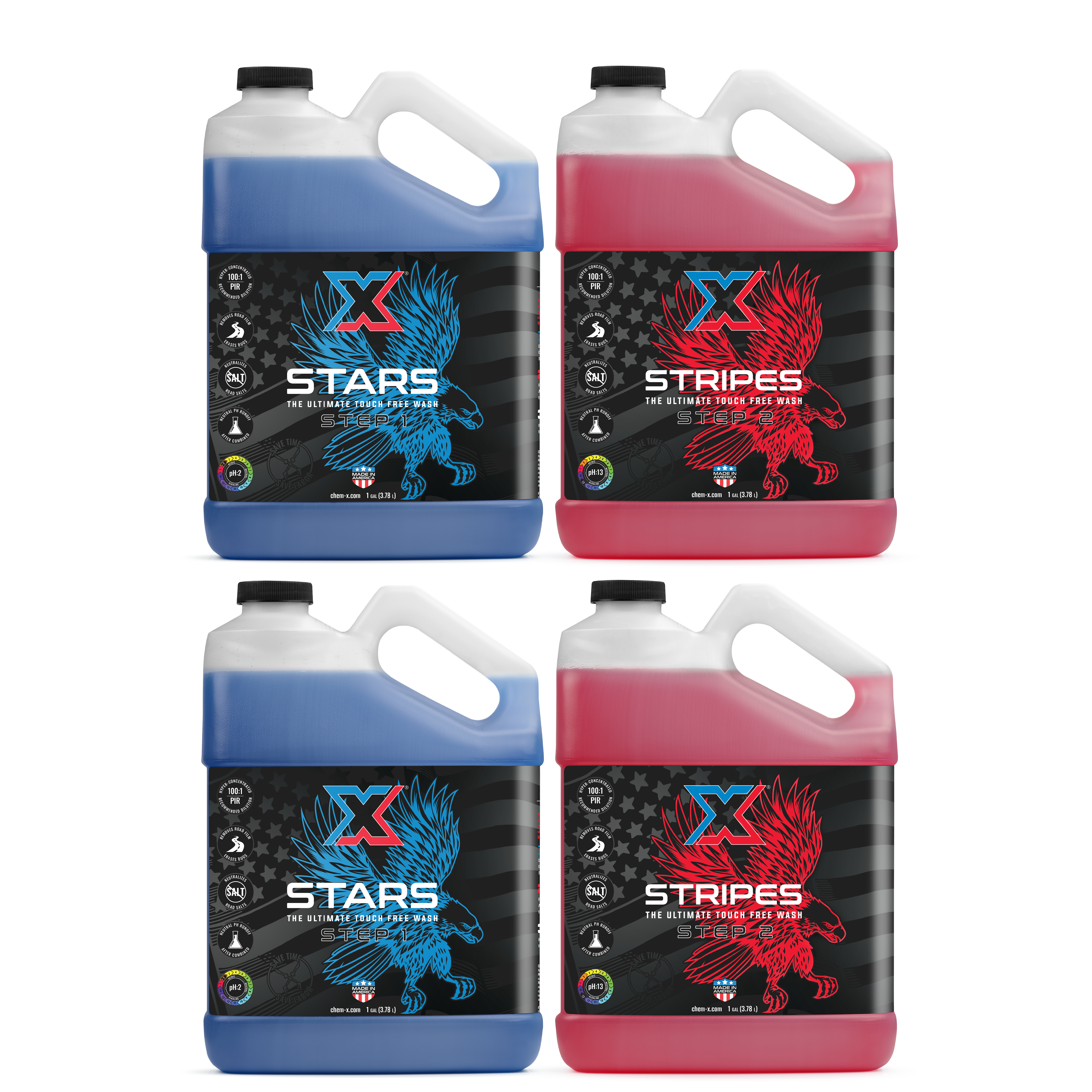 Four gallons of touch-free two step vehicle soap, two blue and two red, with labels featuring an eagle and text on a white background.