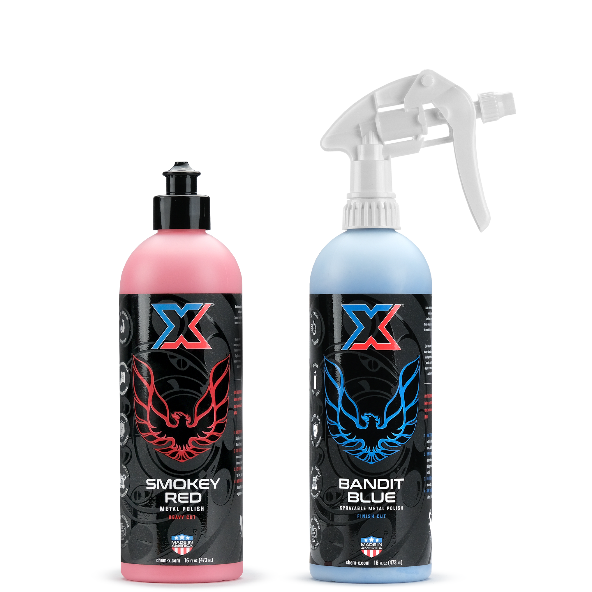 Smokey Red and Bandit Blue: Heavy Cut and Finish Cut Sprayable Metal Polish With 1.1cc Trigger Sprayer - Chem-X