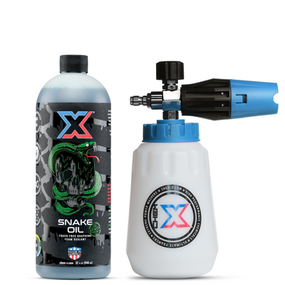 One 32 oz bottle of green touch free graphene foam sealant called 'Snake Oil' next to a foam cannon with a blue top on a white background.