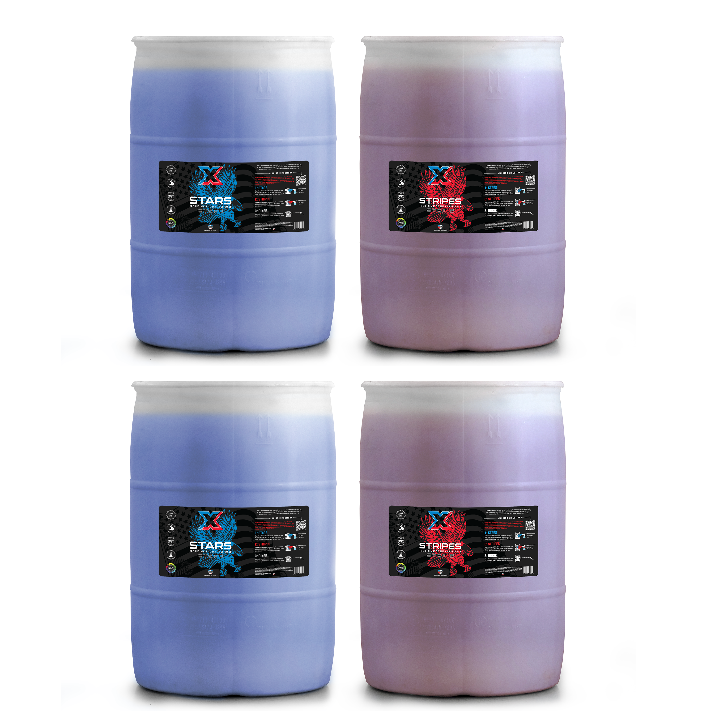 Four 55 gallon blue and red barrels filled with touch-free two step vehicle wash with labels on a white background.