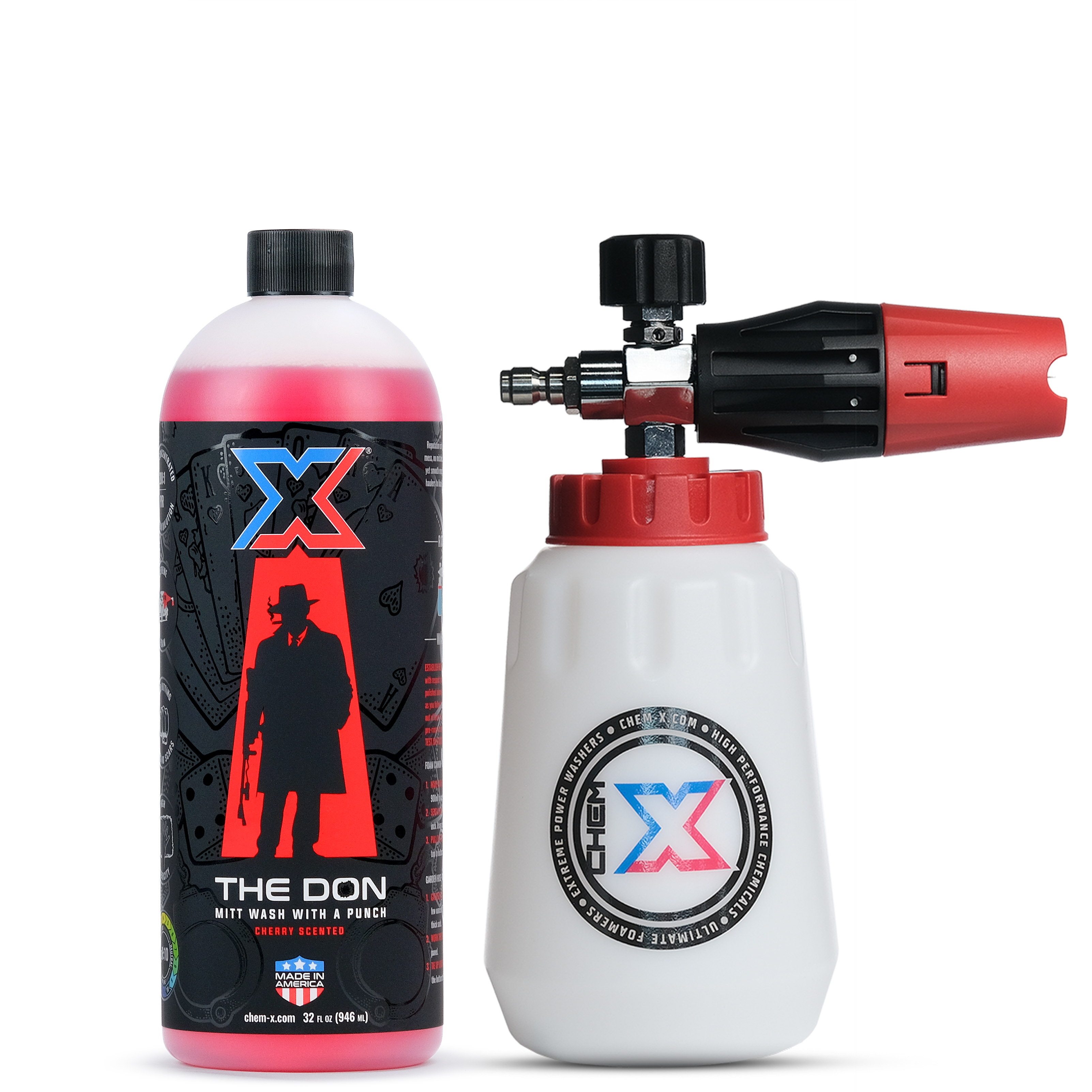 One 32 oz bottle of red mitt wash called 'The Don' next to a foam cannon with a red top on a white background.