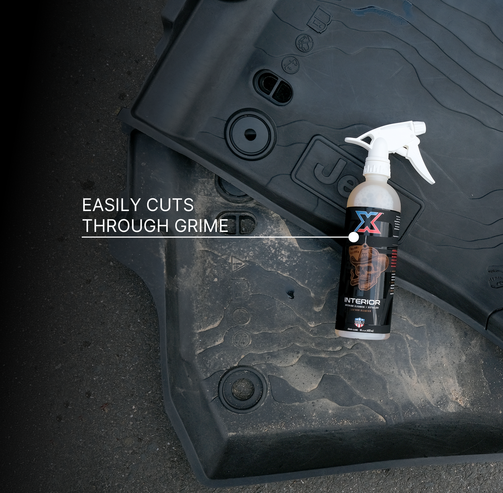 A bottle of orange leather-scented interior cleaner + detailer called Interior with a white tolco sprayer placed on a dirty black floor mat, with the text 'EASILY CUTS THROUGH GRIME' overlaid on the image.