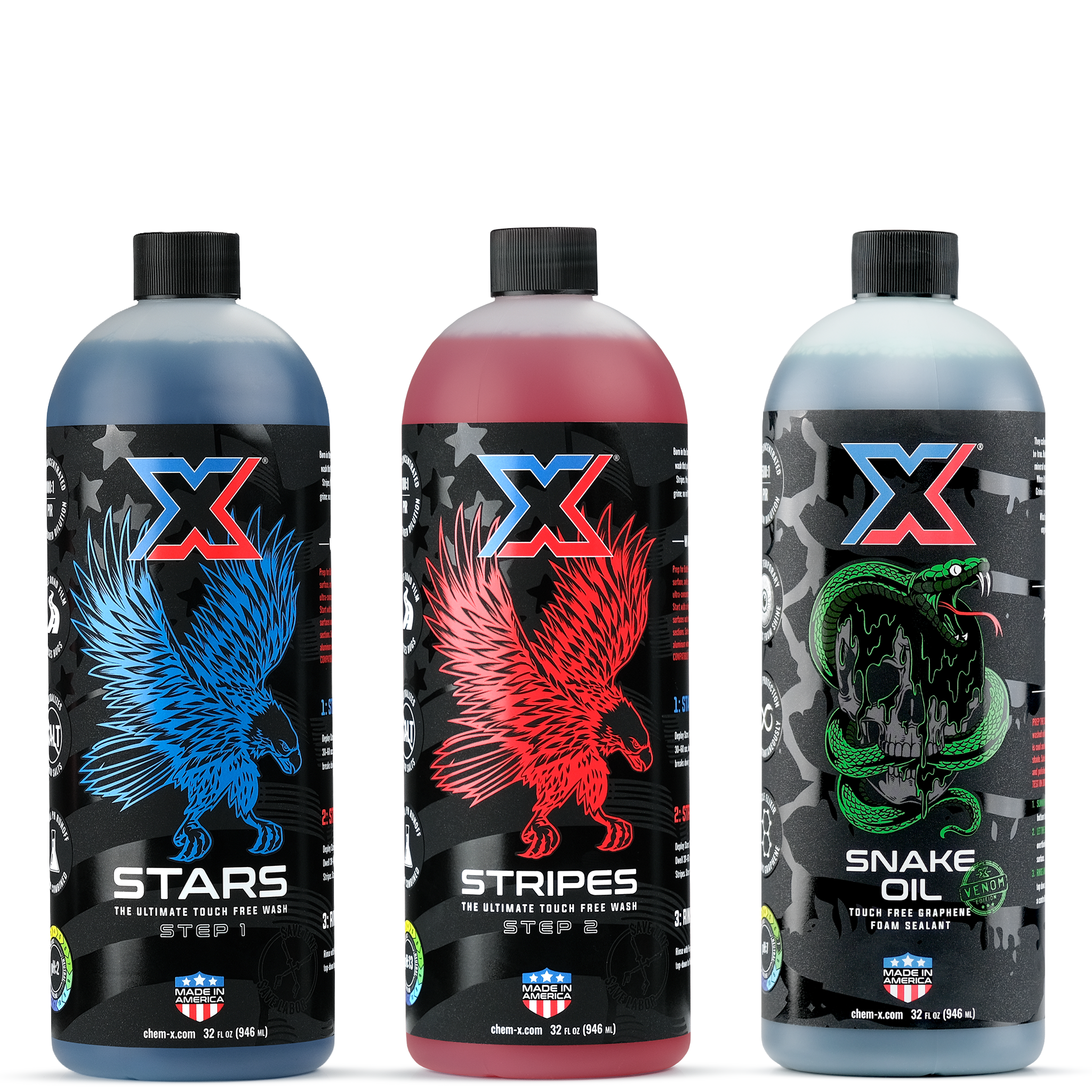 One 32 oz bottle of blue liquid called 'Stars,' one 32 oz bottle of red liquid called 'Stripes,' and one 32 oz bottle of green liquid called 'Snake Oil' on a white background.