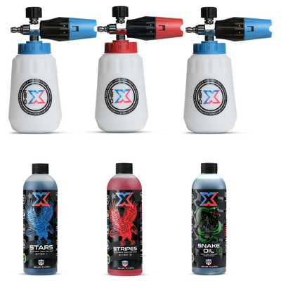 One 16 oz bottle of blue liquid called 'Stars,' one 16 oz bottle of red liquid called 'Stripes,' and one 16 oz bottle of green liquid called 'Snake Oil' with three foam cannons on a white background.