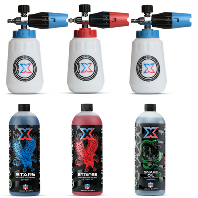 One 32 oz bottle of blue liquid called 'Stars,' one 32 oz bottle of red liquid called 'Stripes,' and one 32 oz bottle of green liquid called 'Snake Oil' and three foam cannons with different colors and designs on a white background.