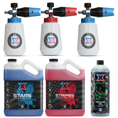 One gallon of blue liquid called 'Stars,' one gallon of red liquid called 'Stripes,' and one 32 oz bottle of green liquid called 'Snake Oil' with three foam cannons on a white background.