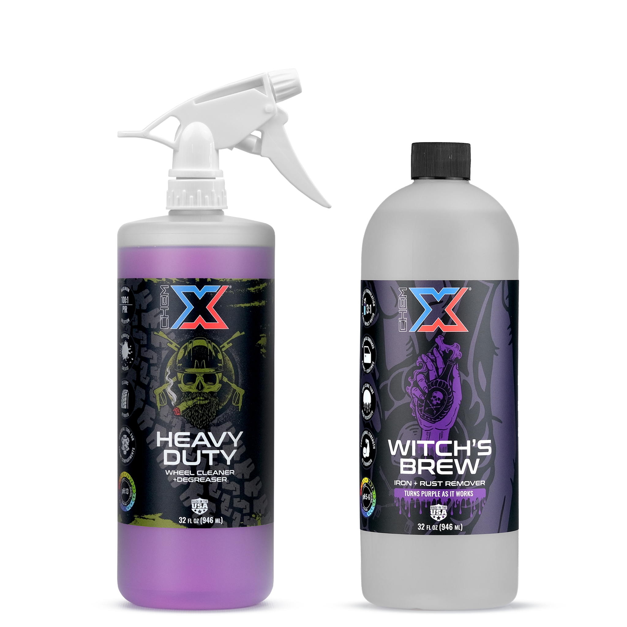 One 32 oz bottle of purple wheel cleaner and degreaser with a white trigger sprayer called 'Heavy Duty' next to a 32 oz bottle of clear iron and rust remover called 'Witch's Brew' on a white background.