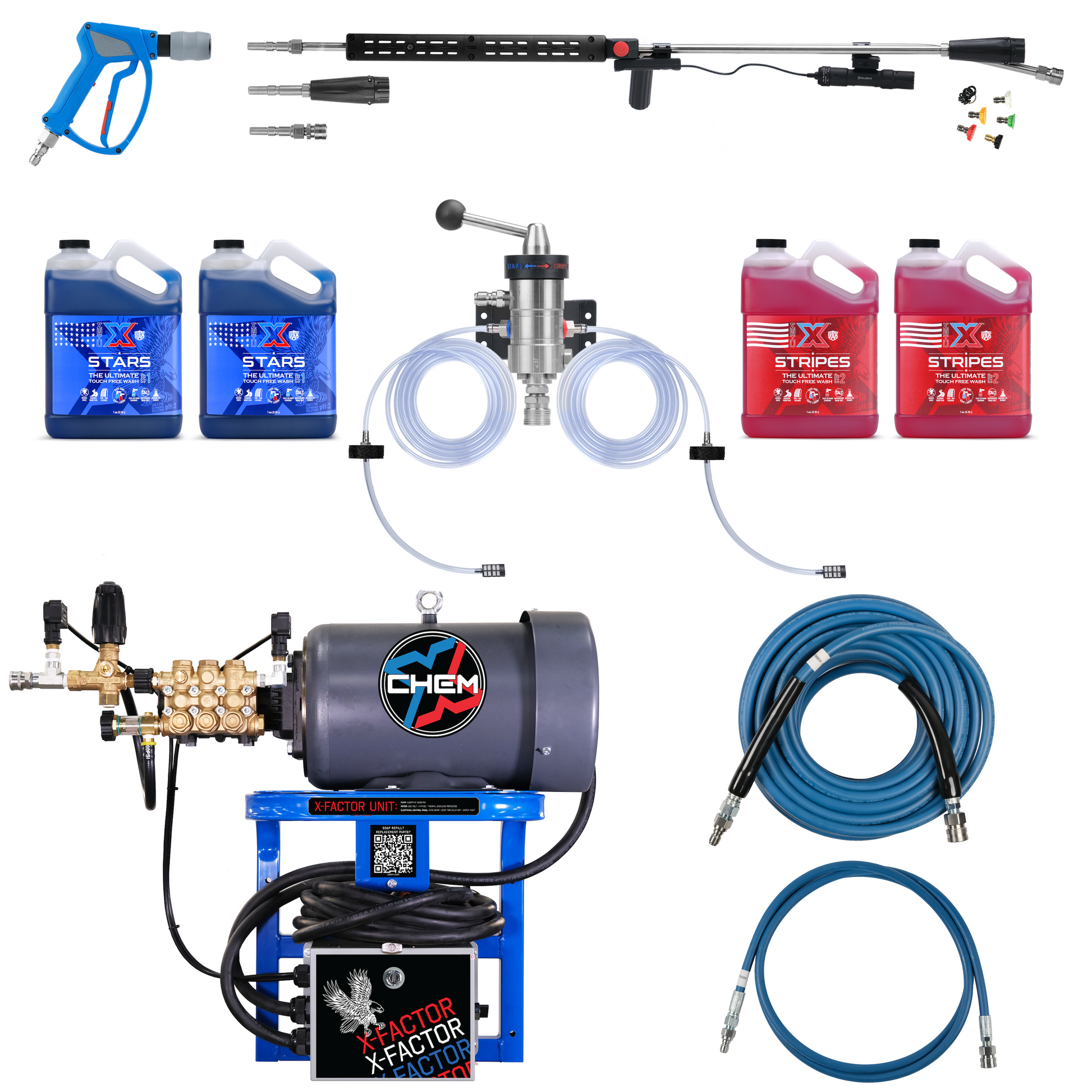 X Factor Complete Wash Bay System: Wall Mounted 220v Electric - Freedom Foamer Touch Free Kit 3.5GPM @3,000PSI - Chem-X