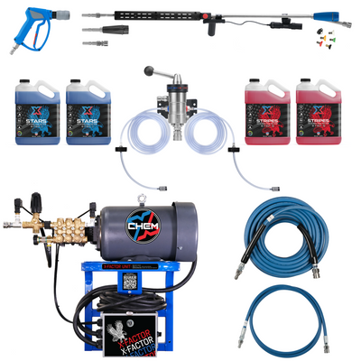 An assortment of vehicle washing equipment including a wall mounted power washer, 44" lance with blue spray gun, various nozzles, a hose, and two gallon bottles of blue touch free soap called 'Stars' and two gallon bottles of red touch free soap called 'Stripes' on a white background.