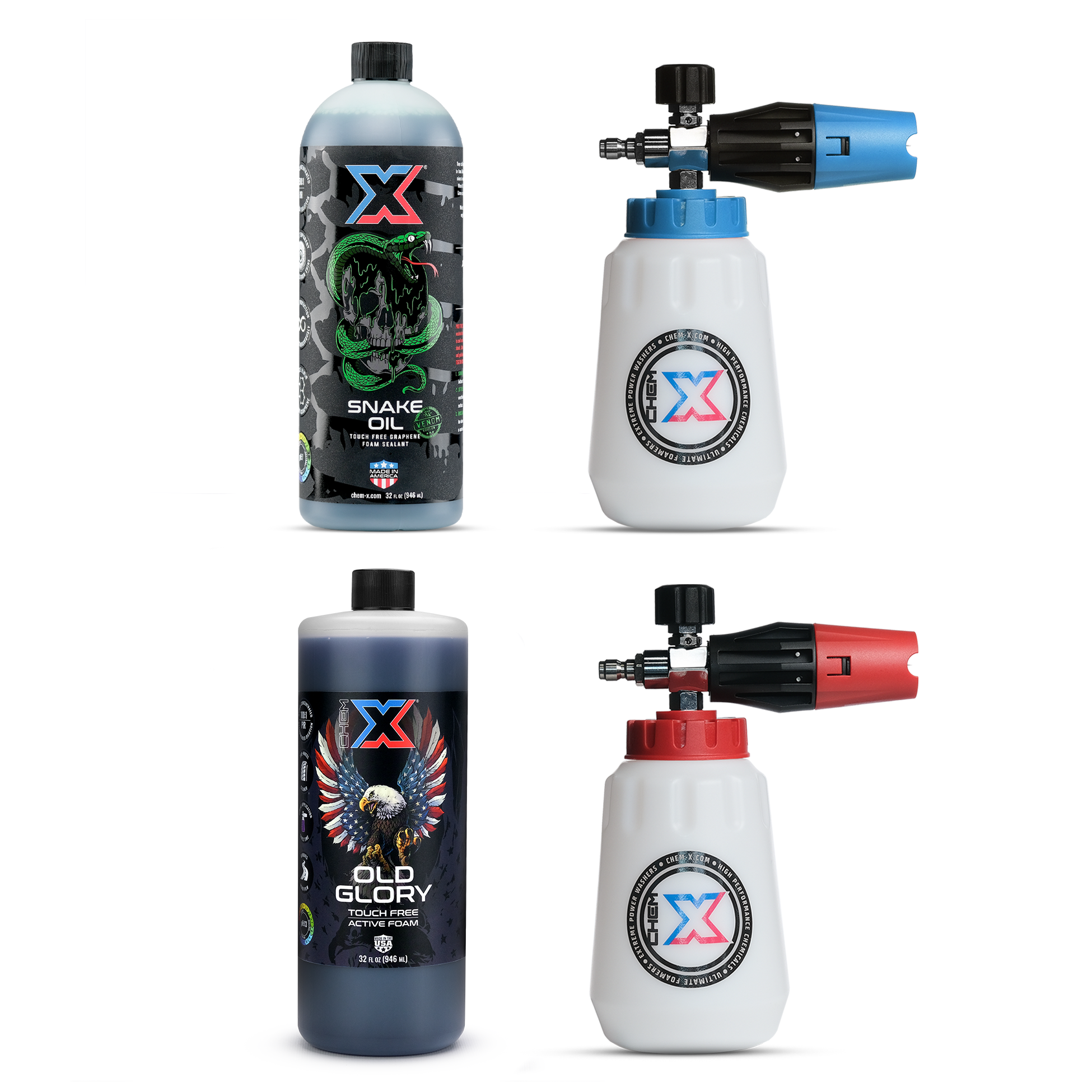 One 32 oz bottle of green touch free graphene foam sealant called 'Snake Oil' next to a foam cannon with a blue top and one 32 oz bottle of black touch free active foam vehicle wash called 'Old Glory' next to a foam cannon with a red top on a white background.
