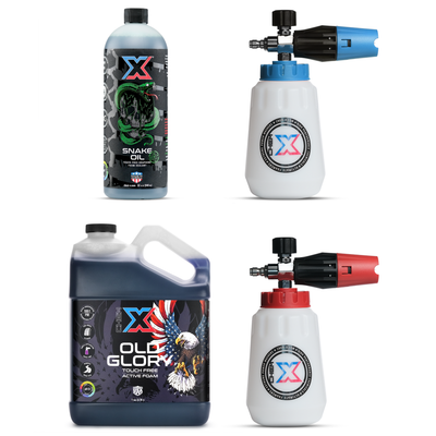 One 32 oz bottle of green touch free graphene foam sealant called 'Snake Oil' sitting next to a foam cannon with a blue top and one gallon bottle of black touch free active foam vehicle wash called 'Old Glory' sitting next to a foam cannon with a red top on a white background.