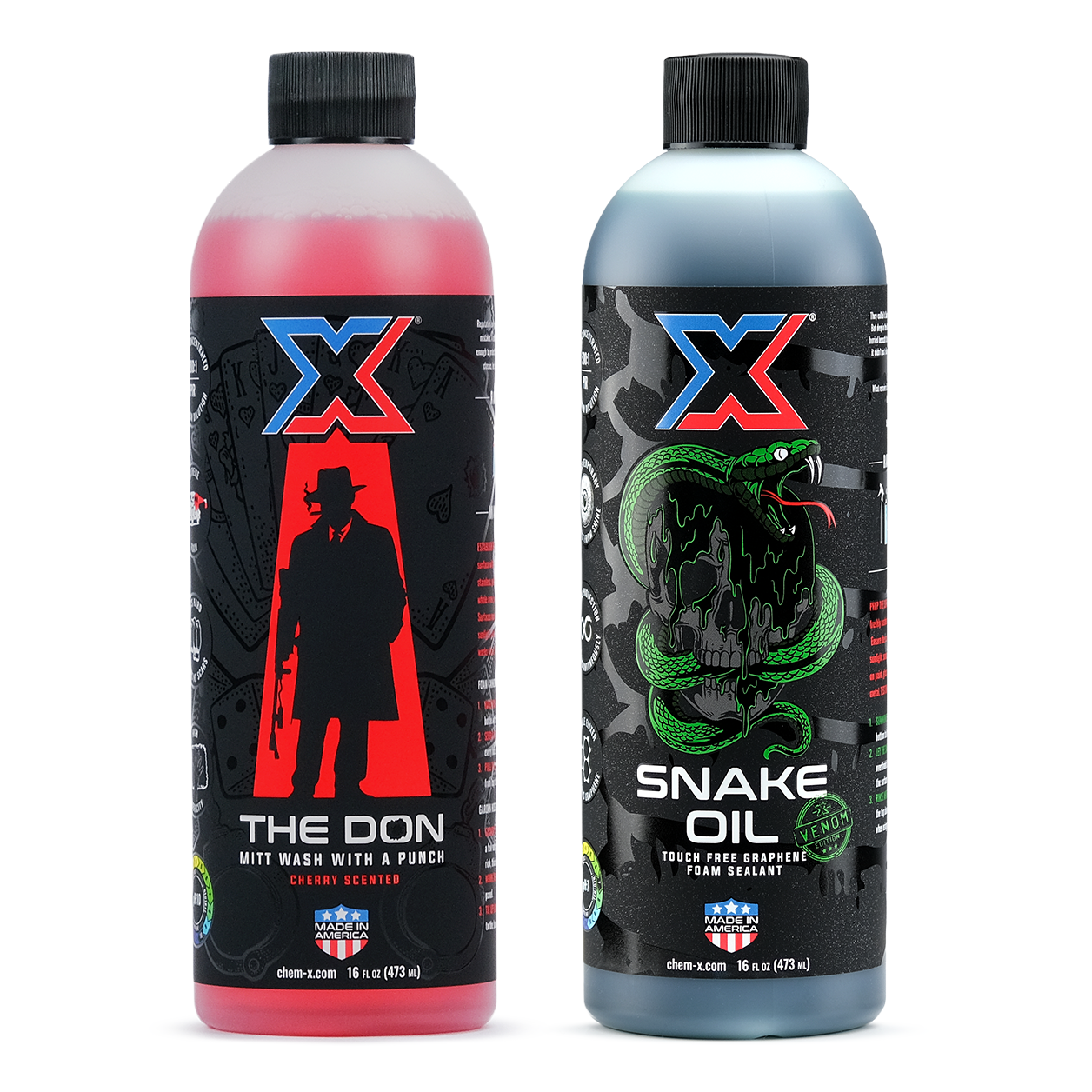 One 16 oz bottle of red mitt wash called 'The Don' and one 16 oz bottle of green touch free graphene foam sealant called 'Snake Oil' sitting on a white background.
