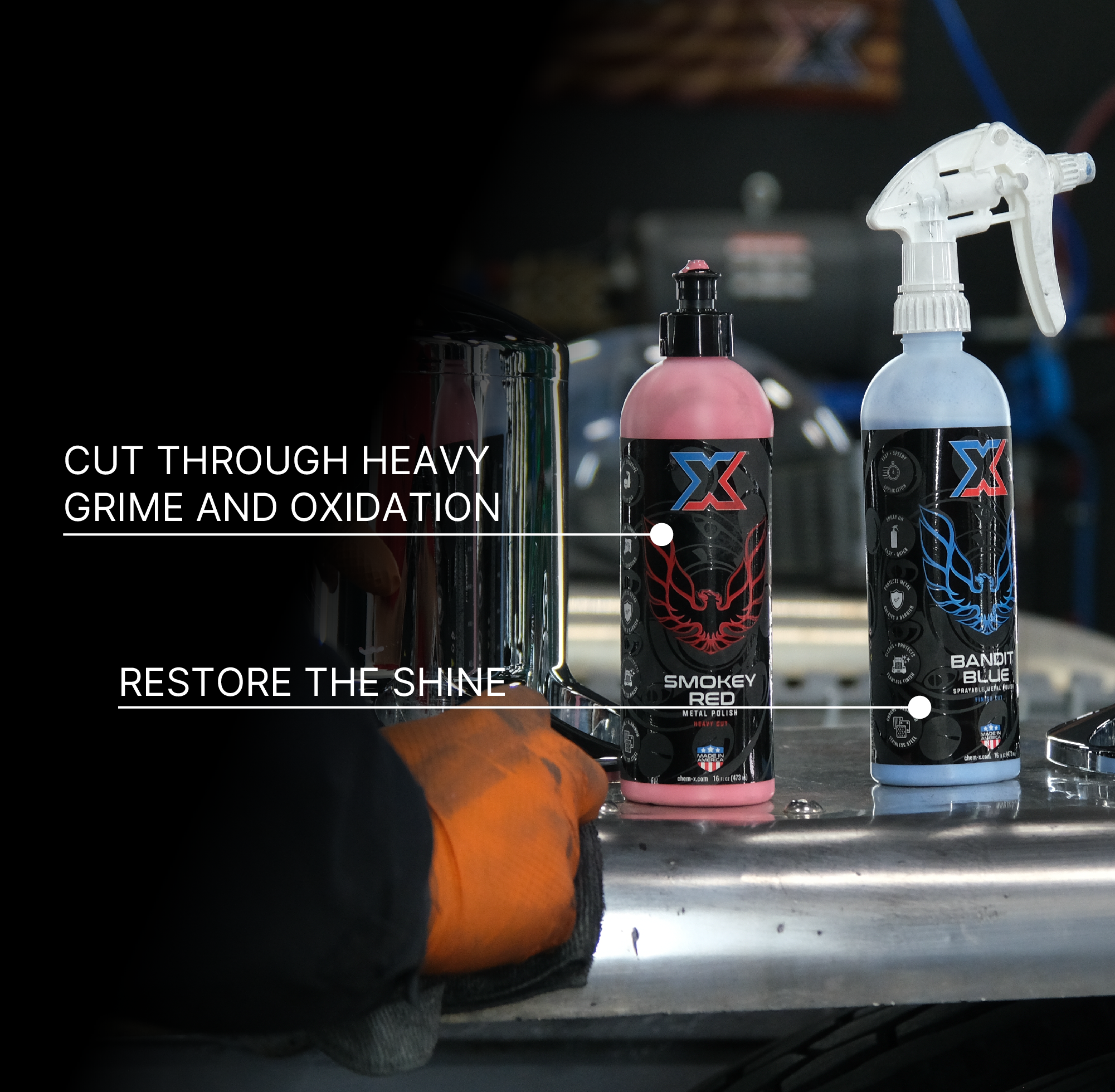 Smokey Red and Bandit Blue: Heavy Cut and Finish Cut Sprayable Metal Polish With 1.1cc Trigger Sprayer